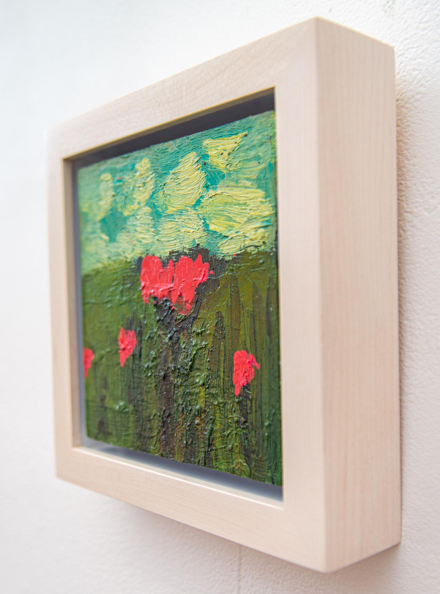 Red Flowers in Landscape - small, pink, green, floral, still life, oil on panel For Sale 3