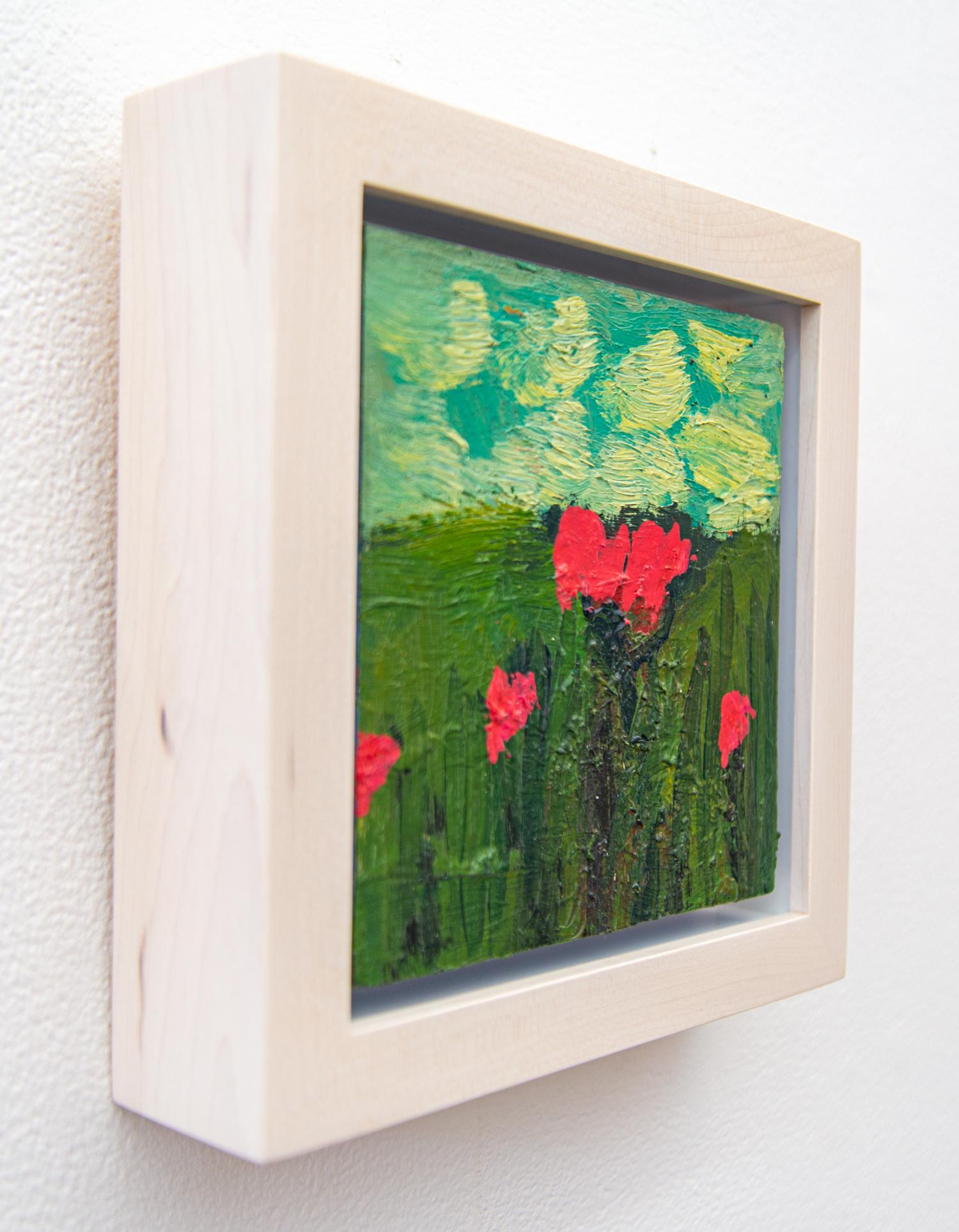 Red Flowers in Landscape - small, pink, green, floral, still life, oil on panel For Sale 4
