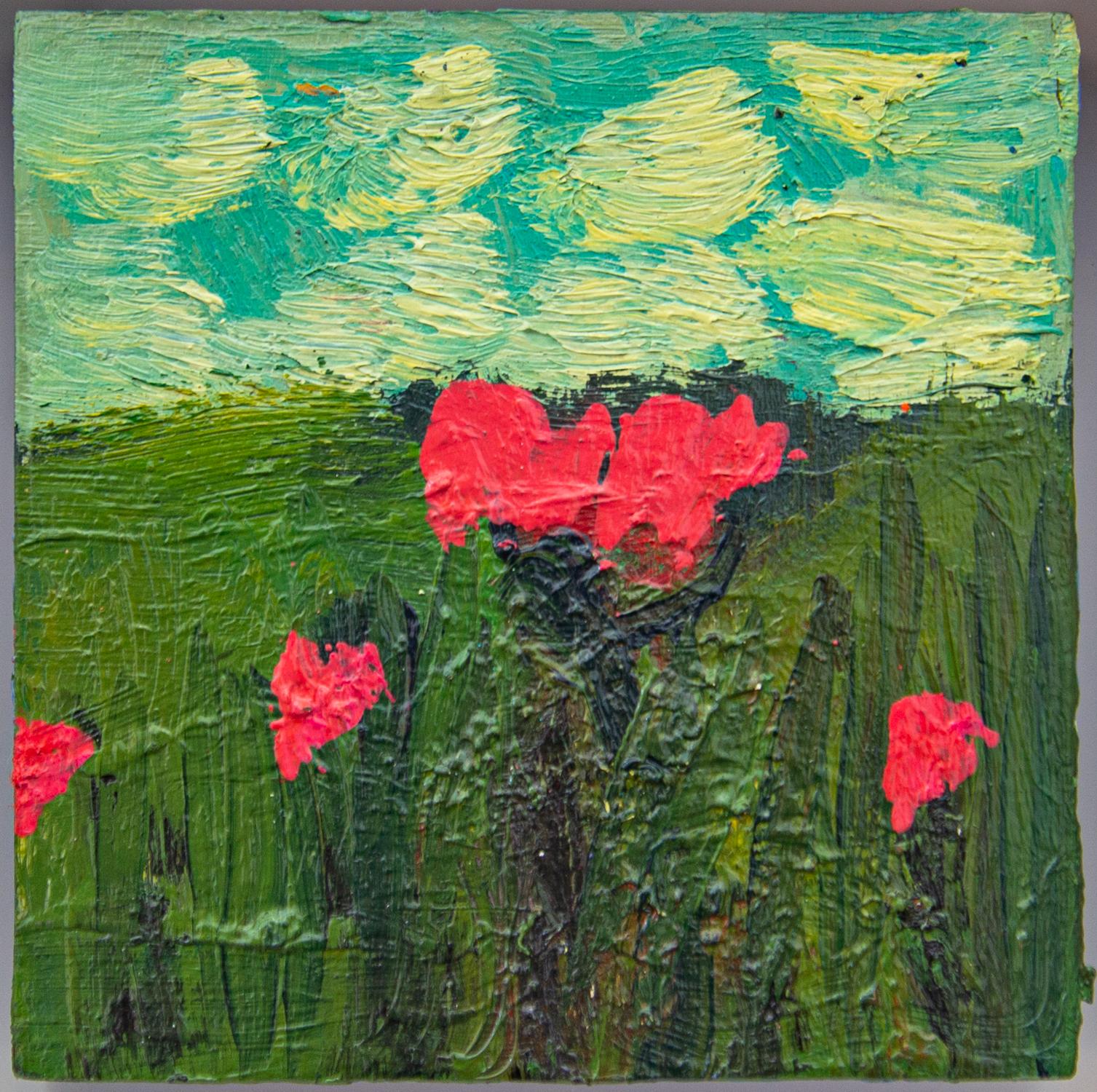 Red Flowers in Landscape - small, pink, green, floral, still life, oil on panel - Painting by Jennifer Hornyak