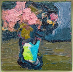 Rolling Pink - small, pink, blue, green, floral, still life, oil on panel