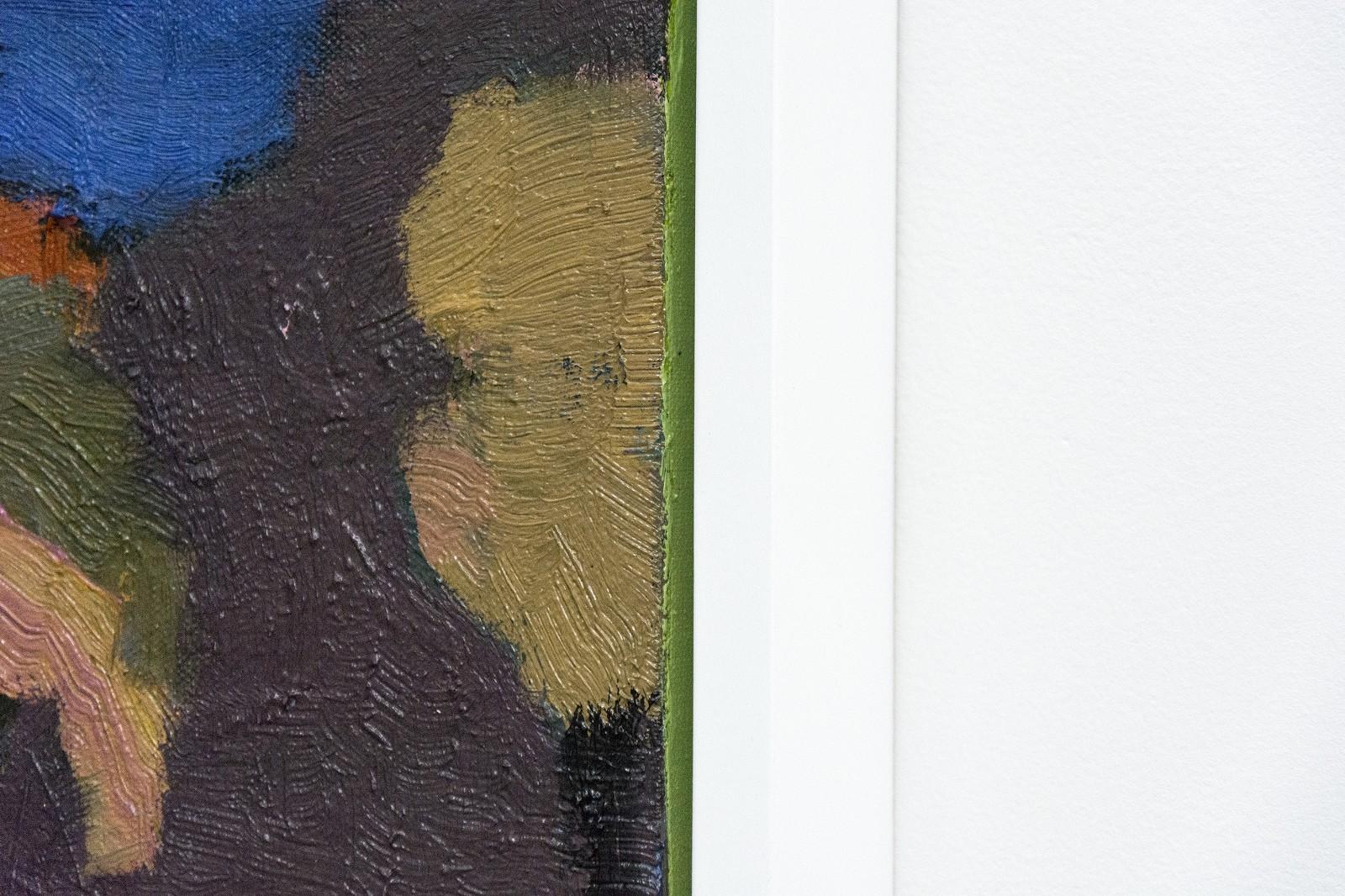 Three Trees - small, green, orange, blue, purple landscape oil painting - Black Landscape Painting by Jennifer Hornyak