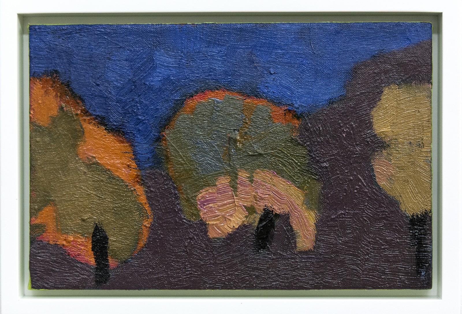 Jennifer Hornyak Landscape Painting – Drei Bäume - kleines, grünes, orangefarbenes, blaues, violettes Landschaftsgemälde