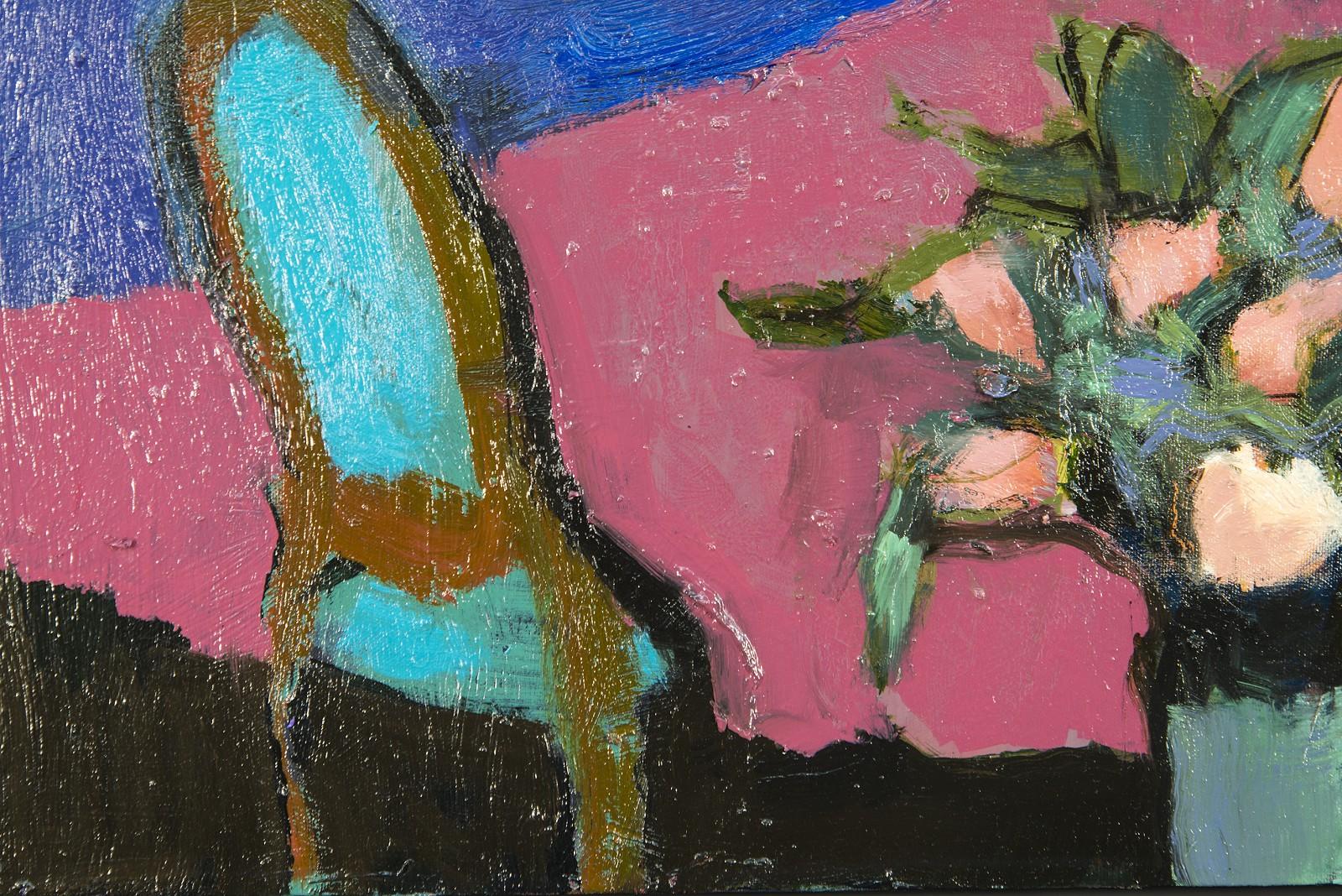 Tulipes et table - petite, bleue, rose, verte, florale, nature morte figurative à l'huile - Painting de Jennifer Hornyak