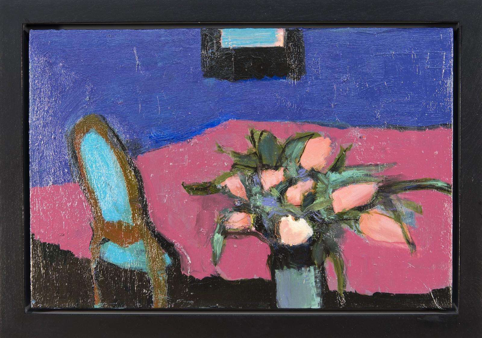 Tulips and Table - small, blue, pink, green, floral, figurative still life oil