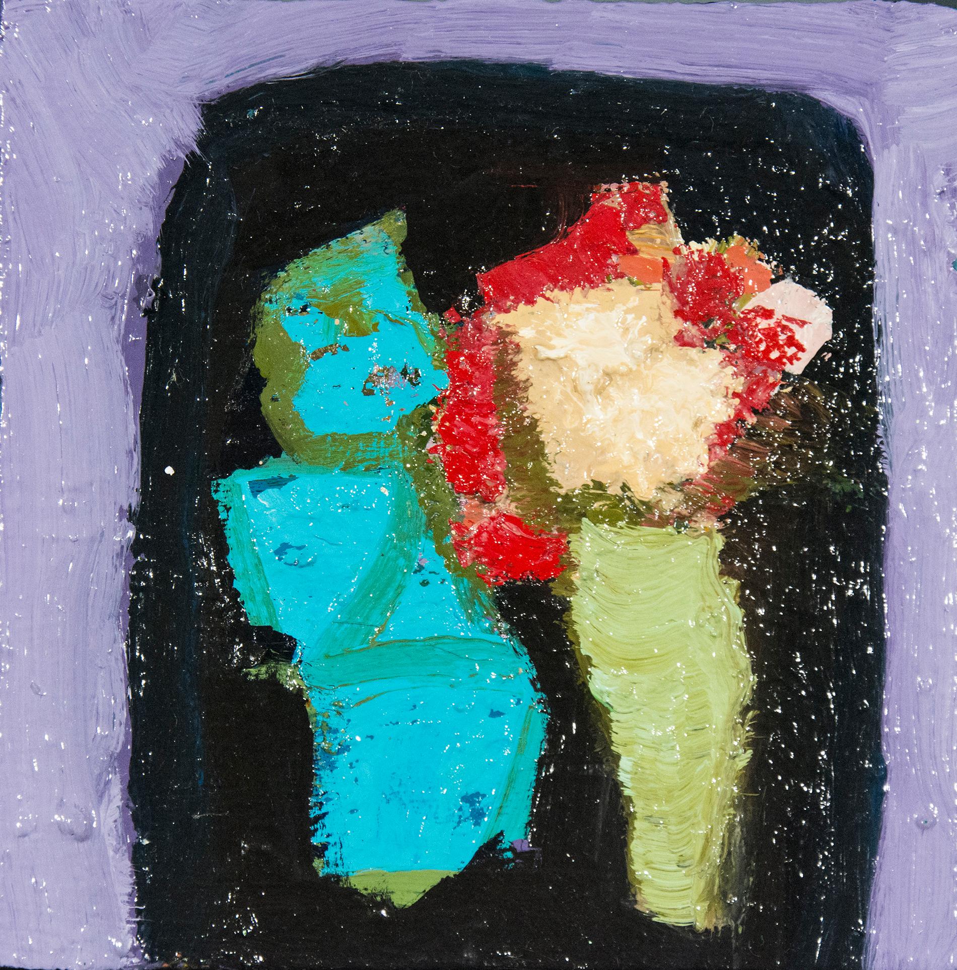 Turquoise with Red Petals - small, bright, floral, purple, blue, still life oil - Painting by Jennifer Hornyak