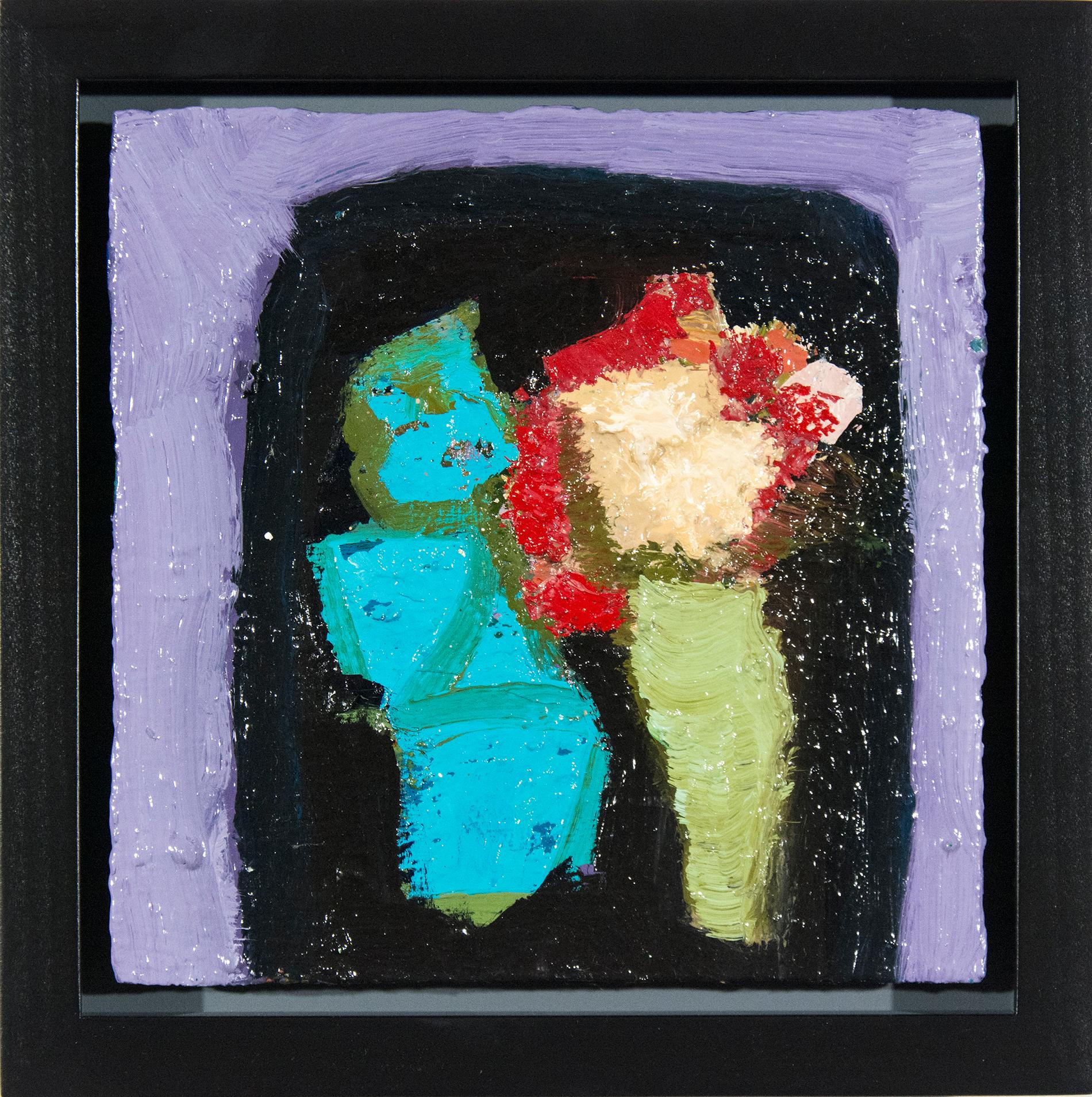 Jennifer Hornyak Still-Life Painting - Turquoise with Red Petals - small, bright, floral, purple, blue, still life oil