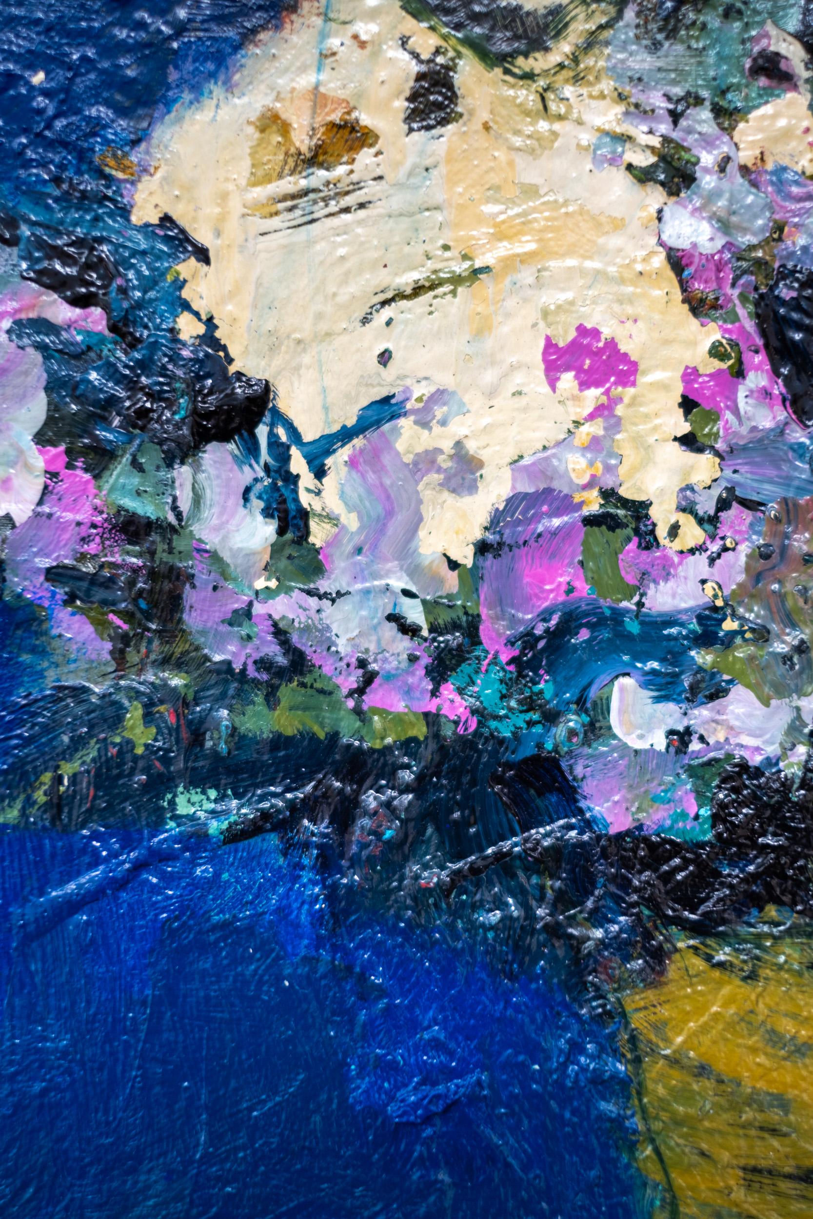 Ultramarine avec blanc crème - contemporain, floral, nature morte, huile sur lin en vente 5