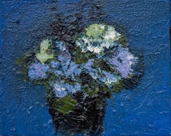 Bleu violet et blanc - contemporain, floral, nature morte, huile sur toile