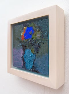 Violet with Rust - small, blue, green, violet, floral, still life, oil on panel