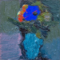 Violet with Rust - small, blue, green, violet, floral, still life, oil on panel