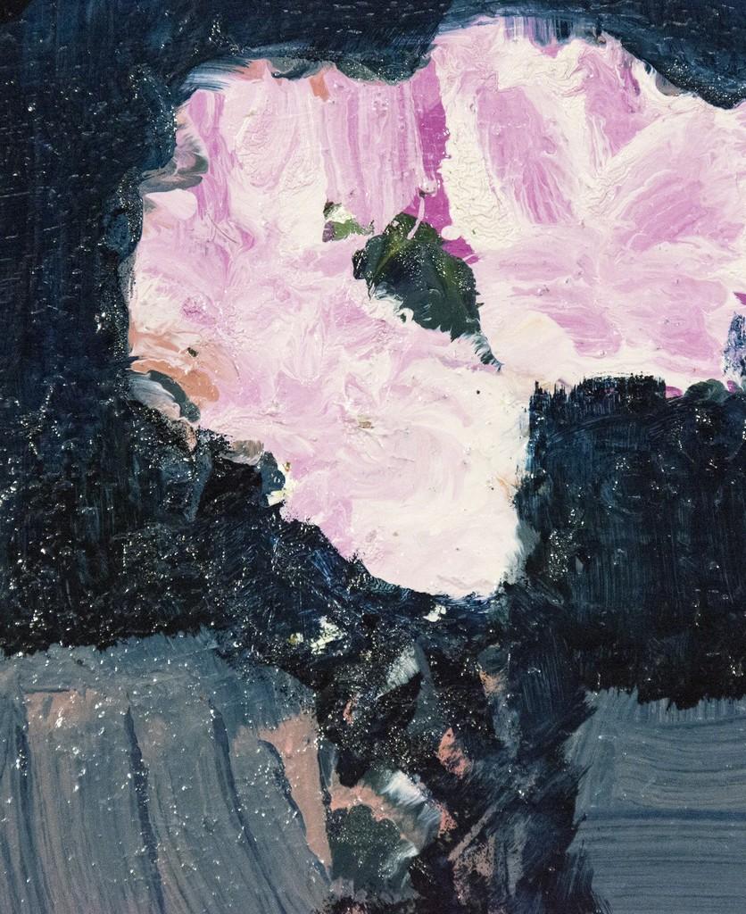 White with Pink and Indigo - small, elegant, dark blue, floral still life oil - Painting by Jennifer Hornyak