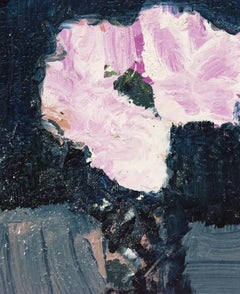 White with Pink and Indigo - small, elegant, dark blue, floral still life oil