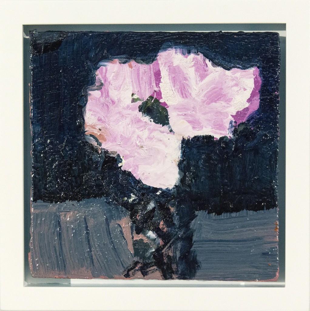 White with Pink and Indigo - small, elegant, dark blue, floral still life oil