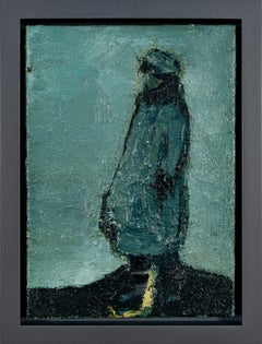 Woman Standing - Oil Painting in Teal Blue, Contemporary Figurative Art