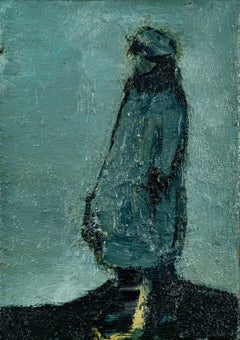 Woman Standing - Oil Painting in Teal Blue, Contemporary Figurative Art