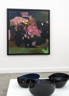 Boucle jaune avec roses - grande nature morte abstraite, florale, huile sur toile