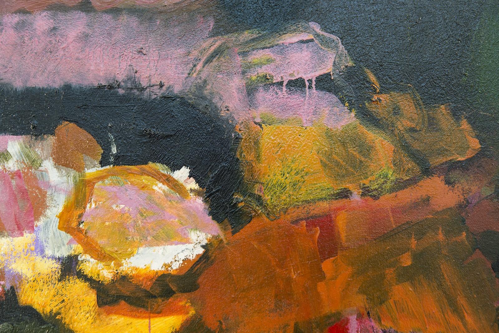 Yellow Buckle with Pinks - large, floral, abstracted still life, oil on canvas For Sale 1
