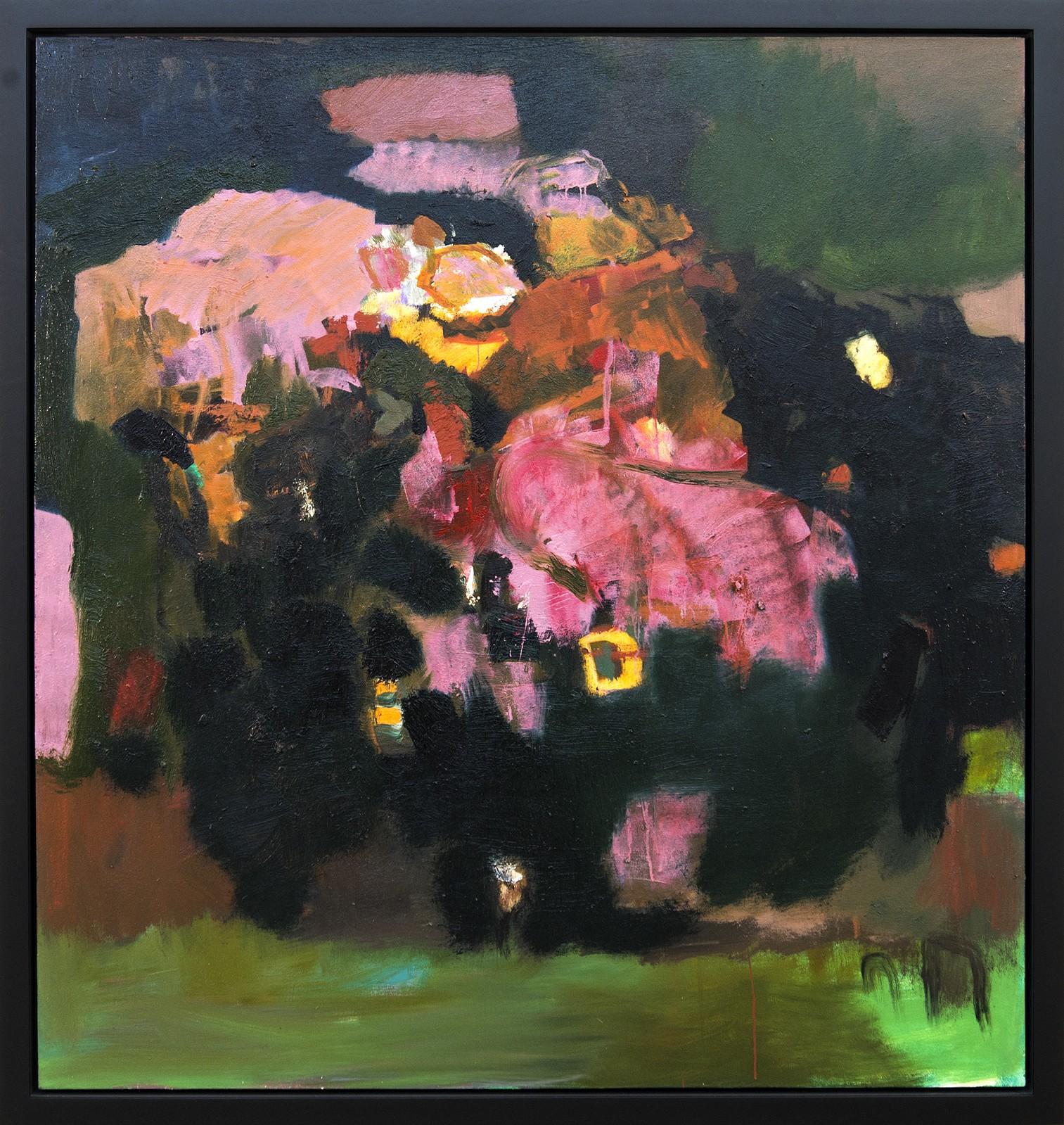 Yellow Buckle with Pinks - large, floral, abstracted still life, oil on canvas