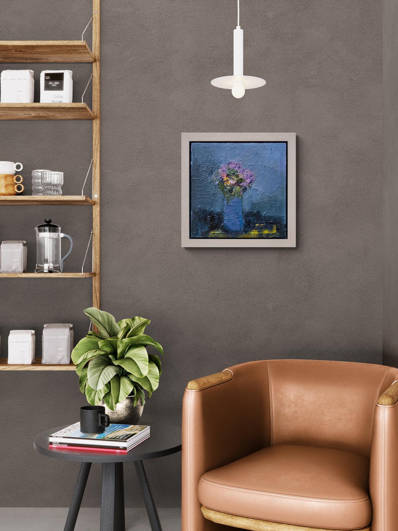 Gelbes Karo mit Blau - zeitgenössisch, floral, Stillleben, Öl auf Platte im Angebot 8