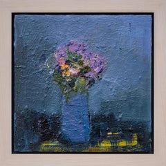 Yellow Check with Blue - contemporary, floral, still-life, oil on panel
