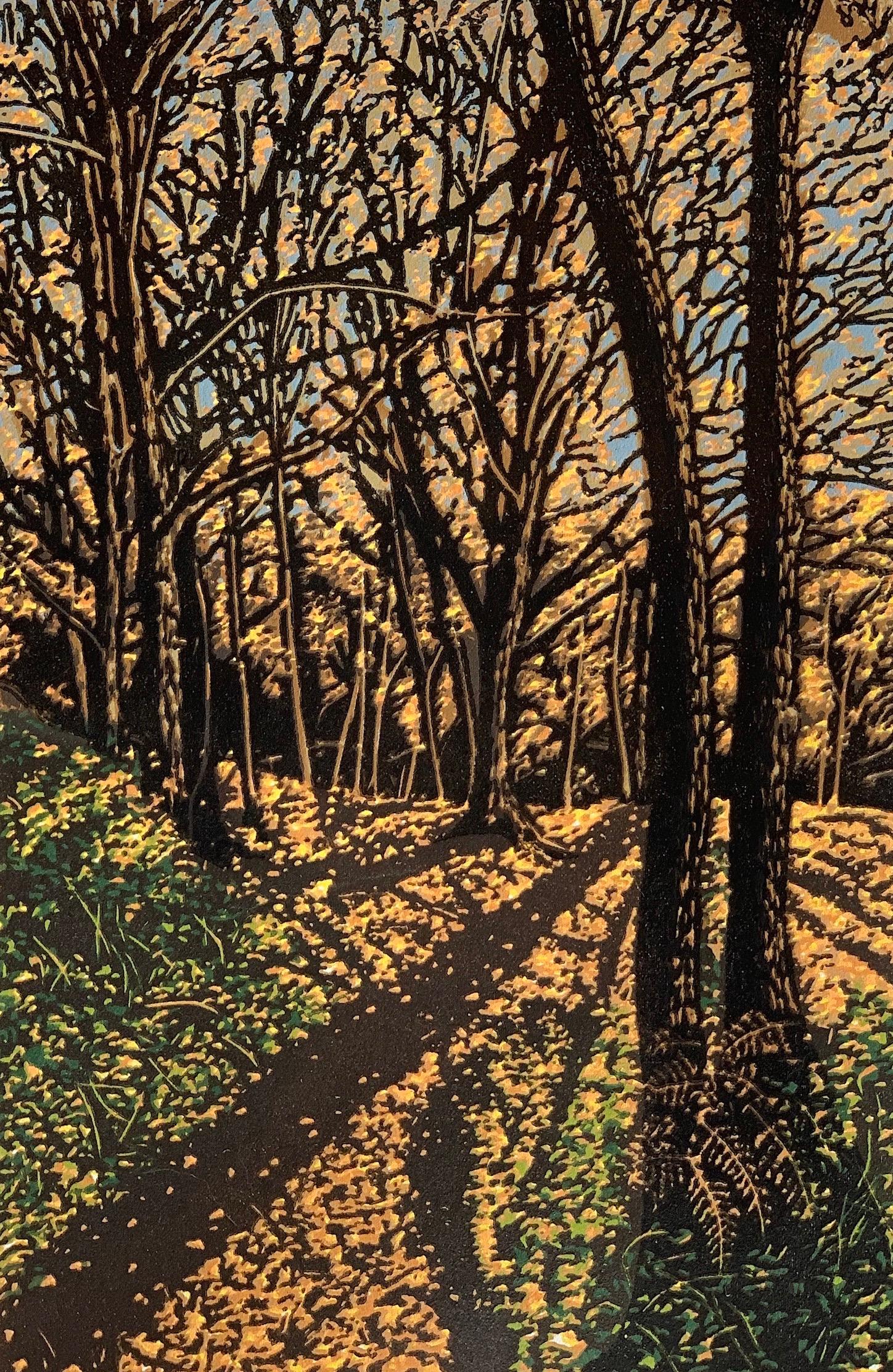 Autumn gold [2022]
 
Mid November in the Surrey hills when the Autumnal colours are most vivid. Shades of gold, burnt orange, yellow ochre and beige dominate the woodland.
 
Additional Information:
limited_edition
Reduction linocut
Edition number