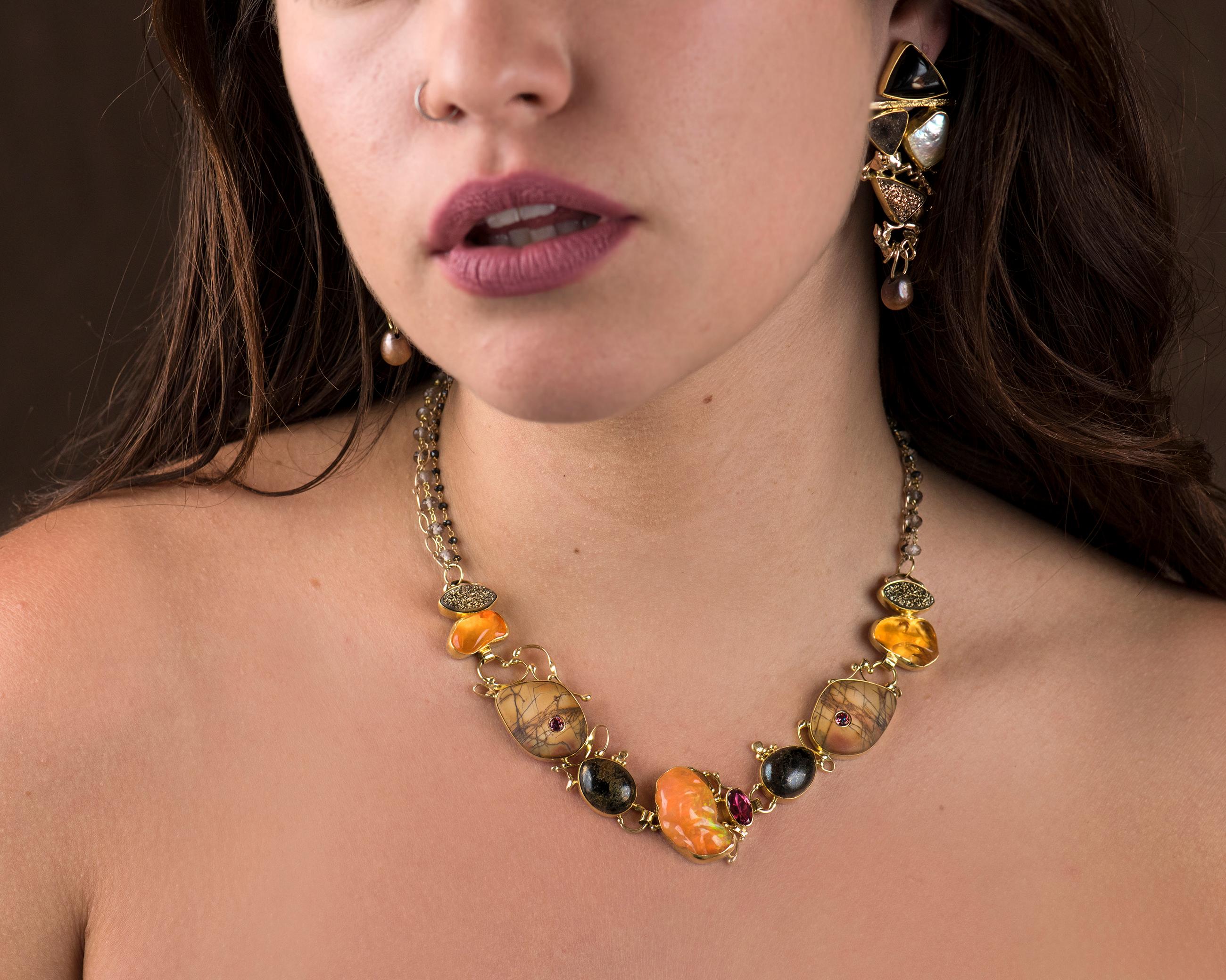 Artisan Jennifer Kalled Mexican opal agate drusy tourmaline gold necklace 22k 18k 