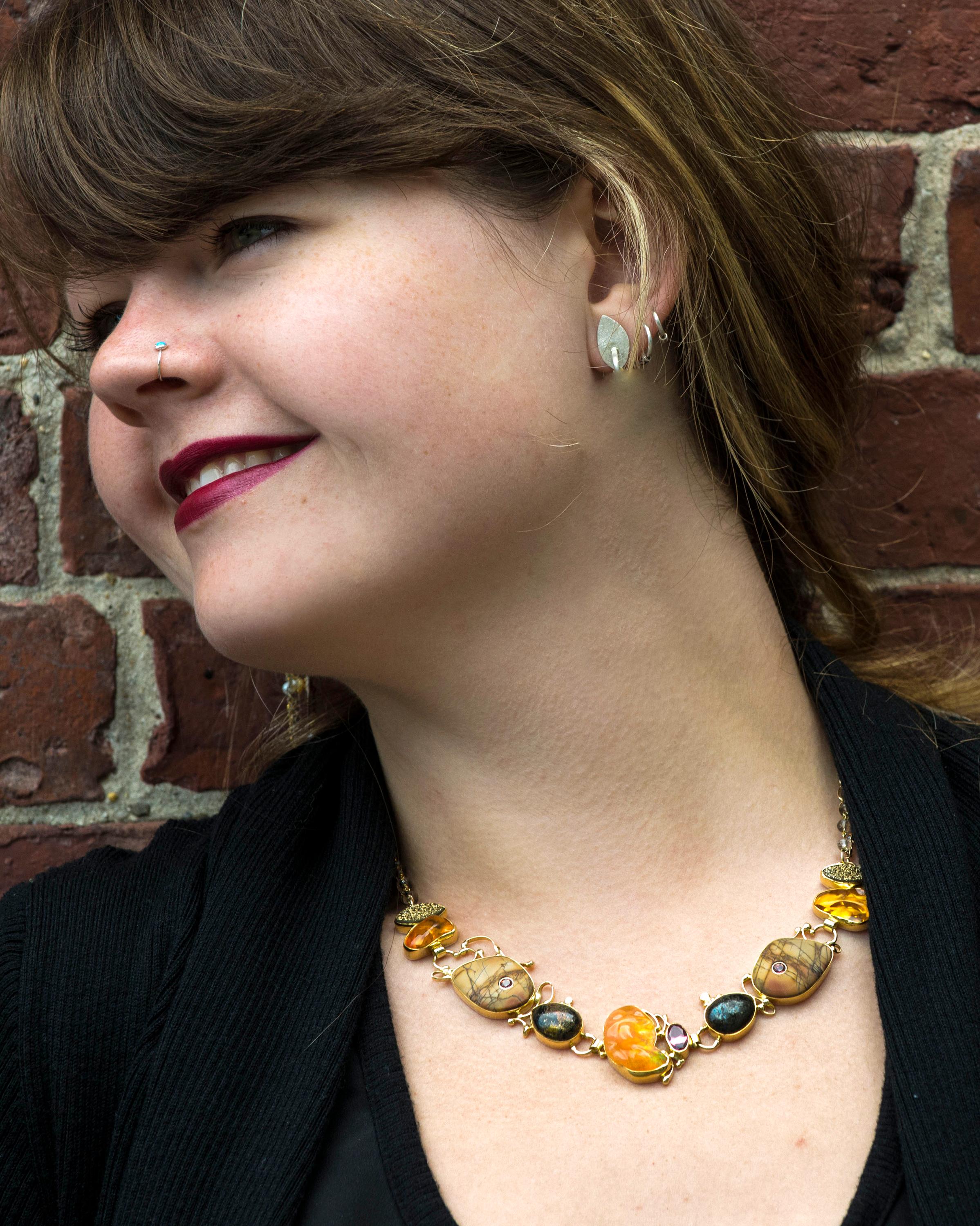 Women's Jennifer Kalled Mexican opal agate drusy tourmaline gold necklace 22k 18k 