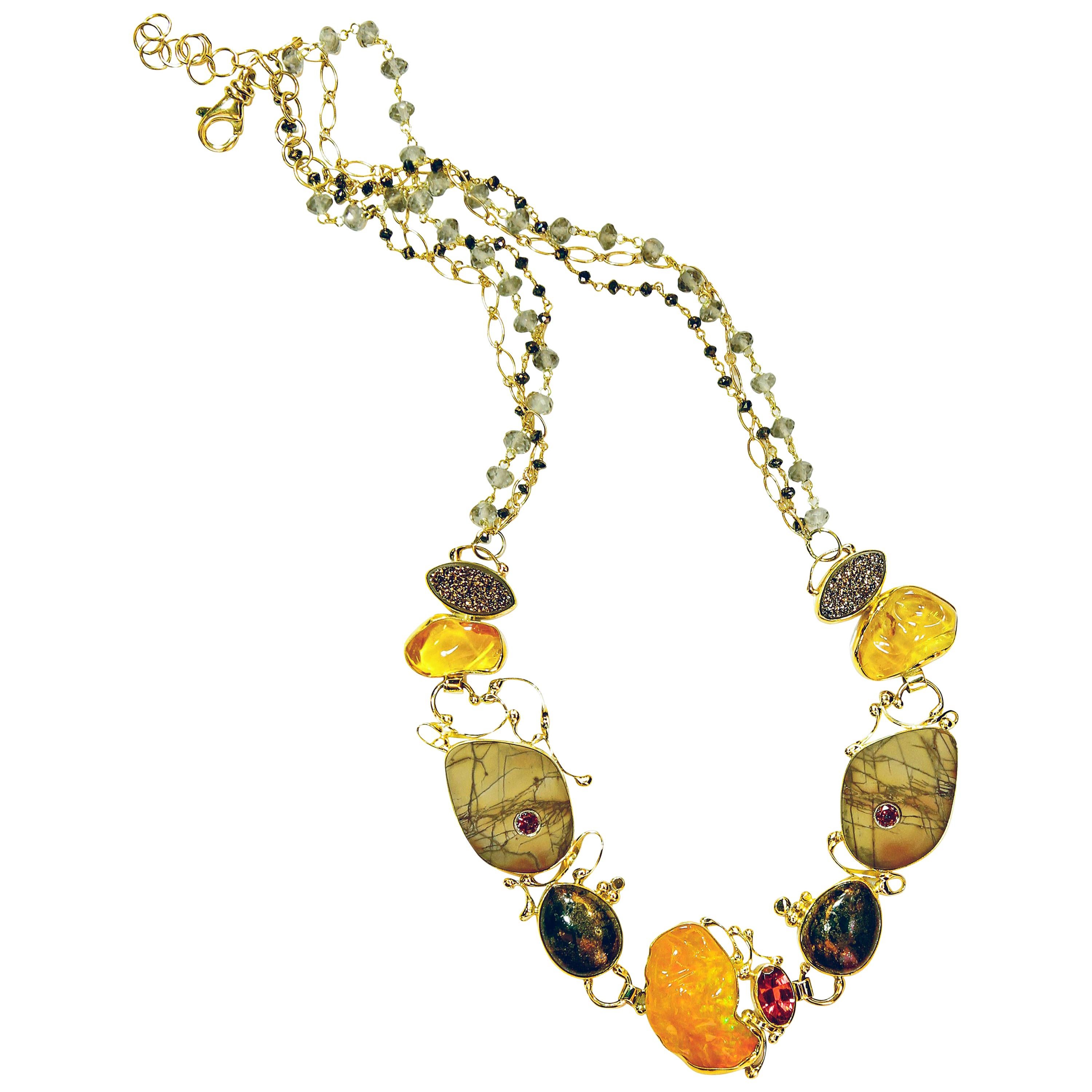 Jennifer Kalled Mexican opal agate drusy tourmaline gold necklace 22k 18k 