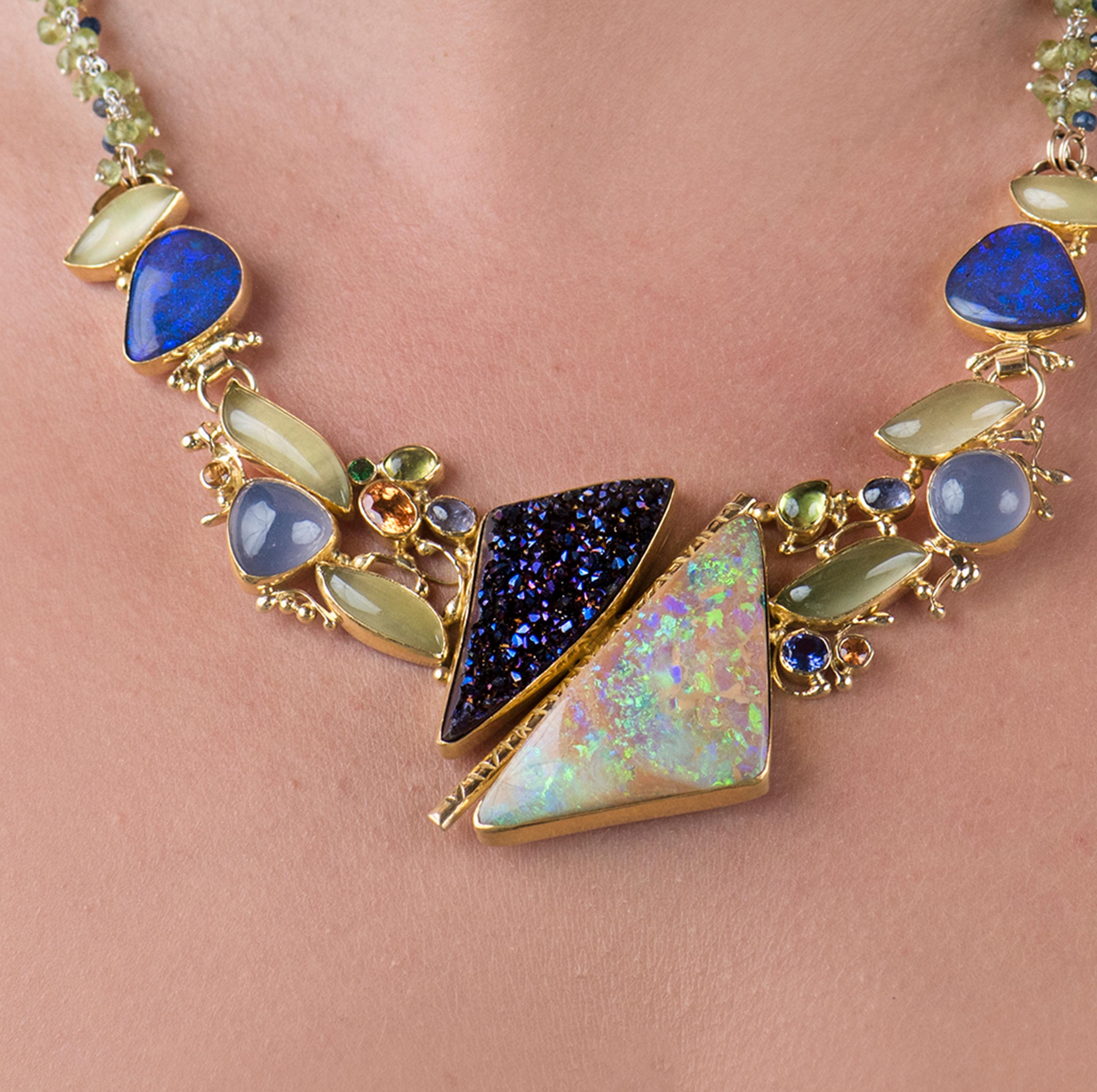 aquamarine tanzanite and opal necklace with 18kt gold three ring clasp