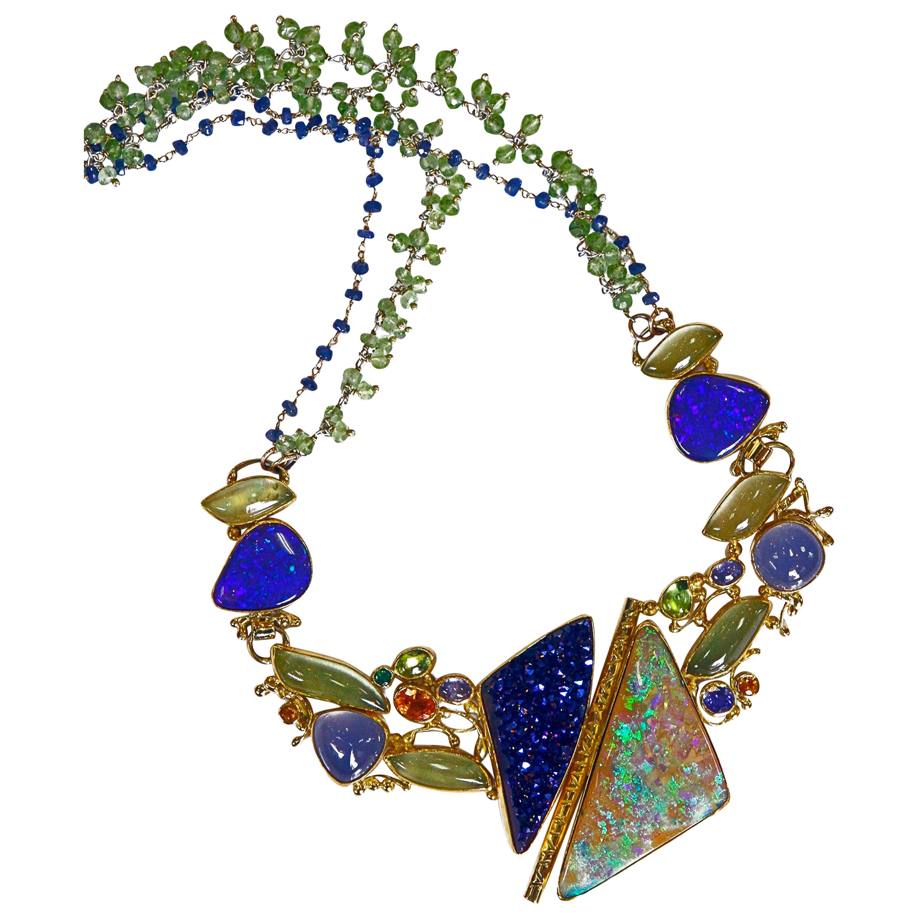 Boulder Opal Necklace Aquamarine Tanzanite Drusy Chalcedony Tsavorite 22k, 18k 