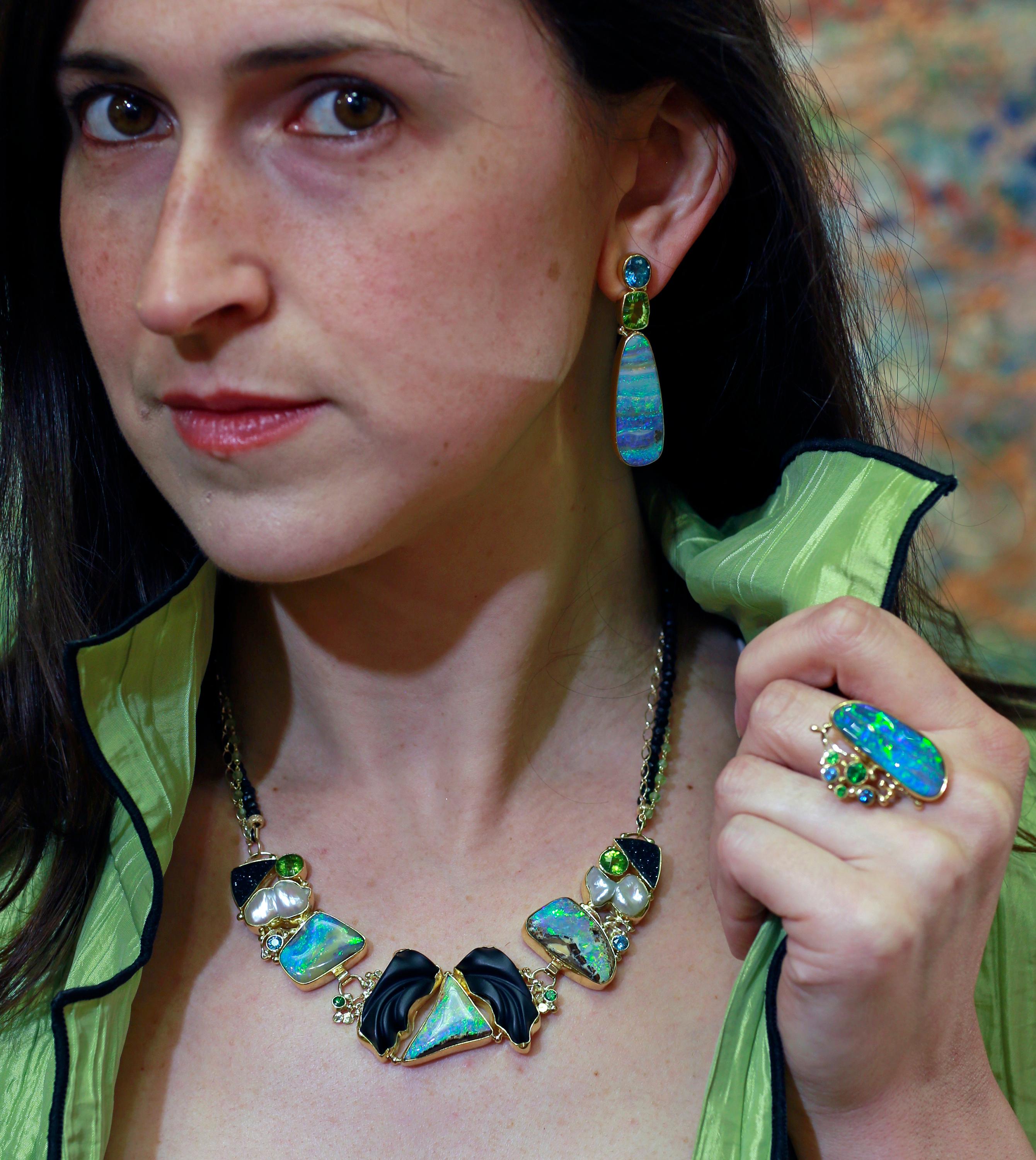 Artisan Boulder Opal Necklace Black Jade Pearl Peridot Blue Zircon 22k 18k 14k Kalled