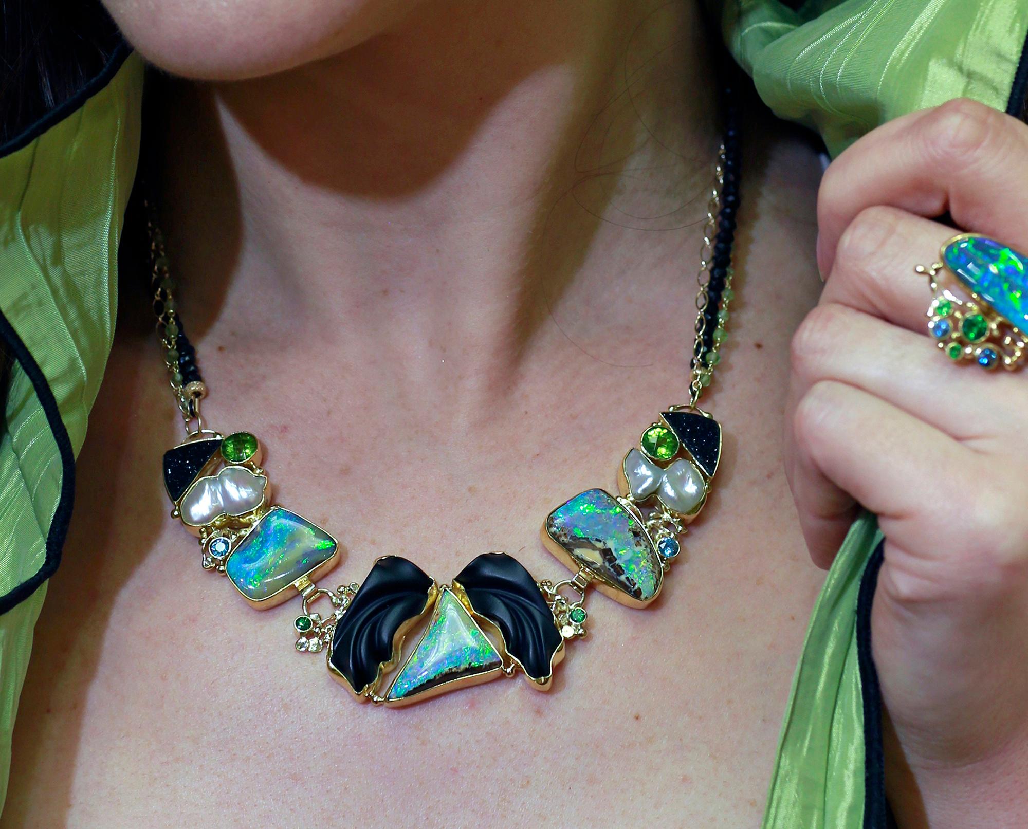 Boulder Opal Necklace Black Jade Pearl Peridot Blue Zircon 22k 18k 14k Kalled In New Condition In Wolfeboro, NH