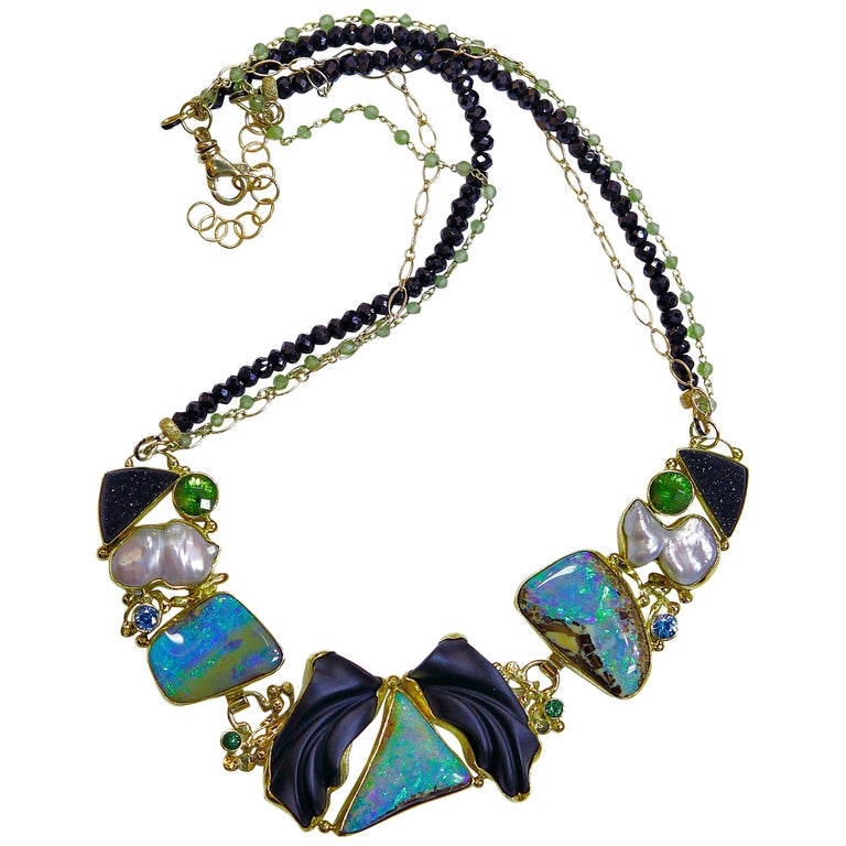Jennifer Kalled Opal Necklace Black Jade Pearl Peridot Blue Zircon 22k