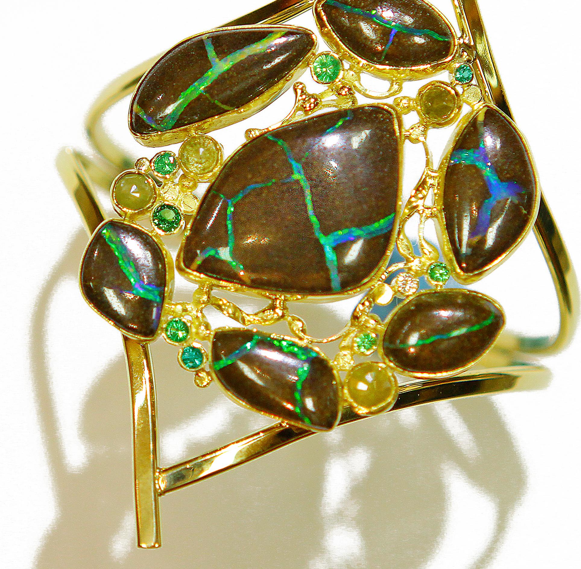 Artisan Boulder Opal Rose Cut Diamond Tsavorite Emerald Cuff 22k 18k 14k  For Sale