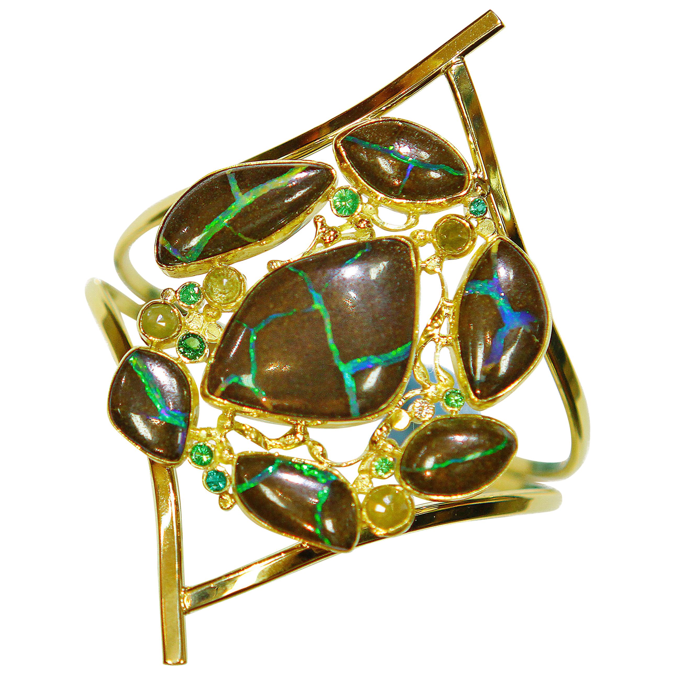 Boulder Opal Rose Cut Diamond Tsavorite Emerald Cuff 22k 18k 14k 