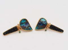 Modernist Clip Earrings 18Kt Gold with Opals & Tsavorite