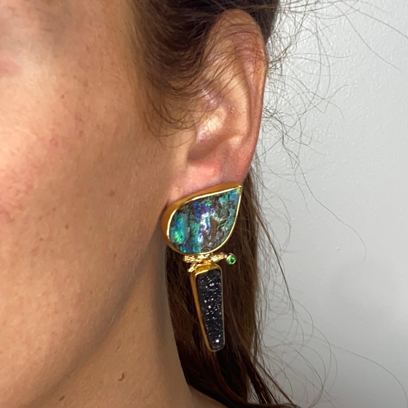 Women's Modernist Clip Earrings 18Kt Gold with Opals & Tsavorite For Sale