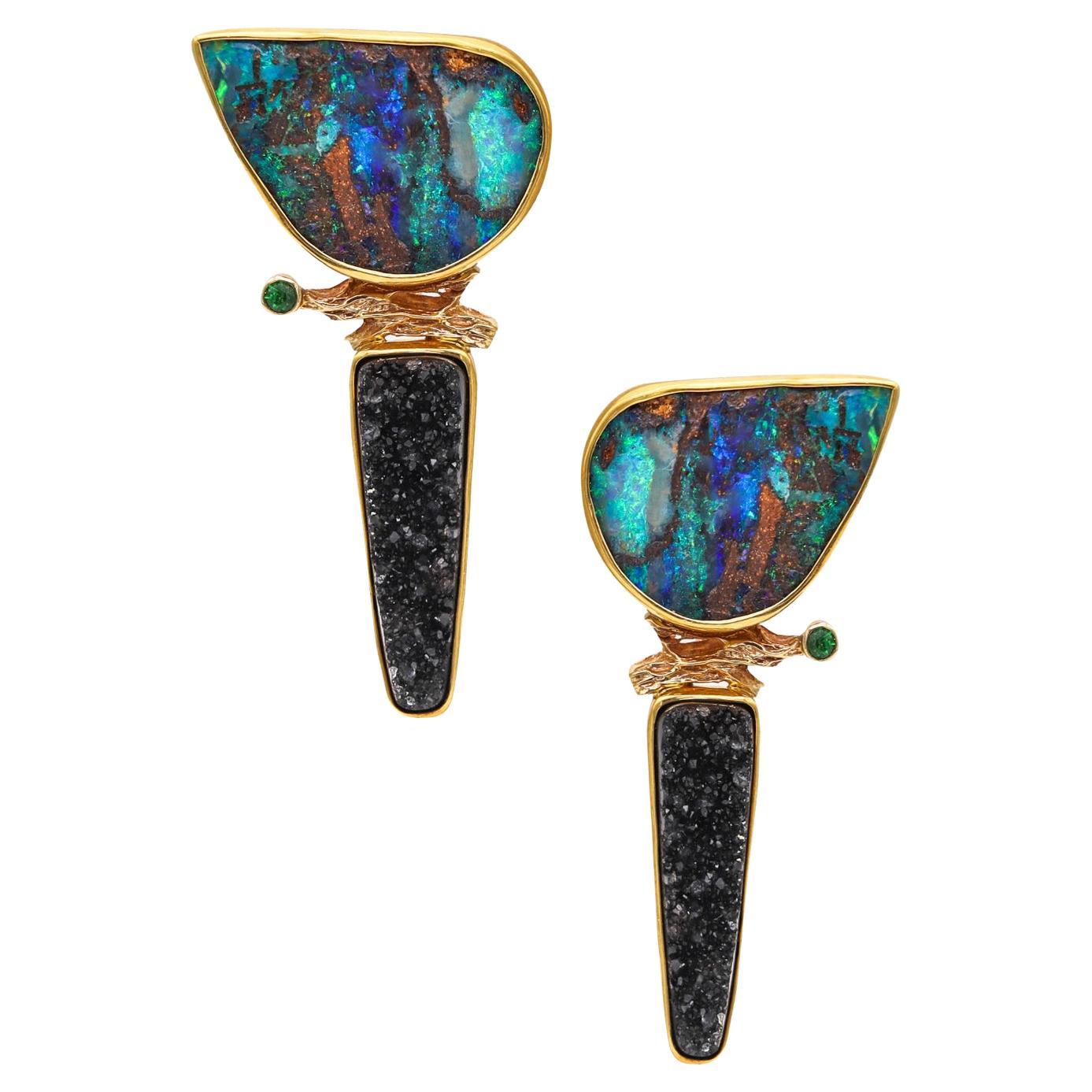 Modernist Clip Earrings 18Kt Gold with Opals & Tsavorite