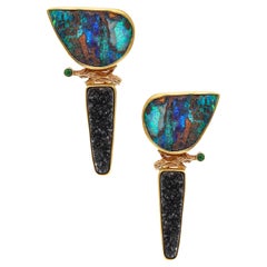 Retro Modernist Clip Earrings 18Kt Gold with Opals & Tsavorite