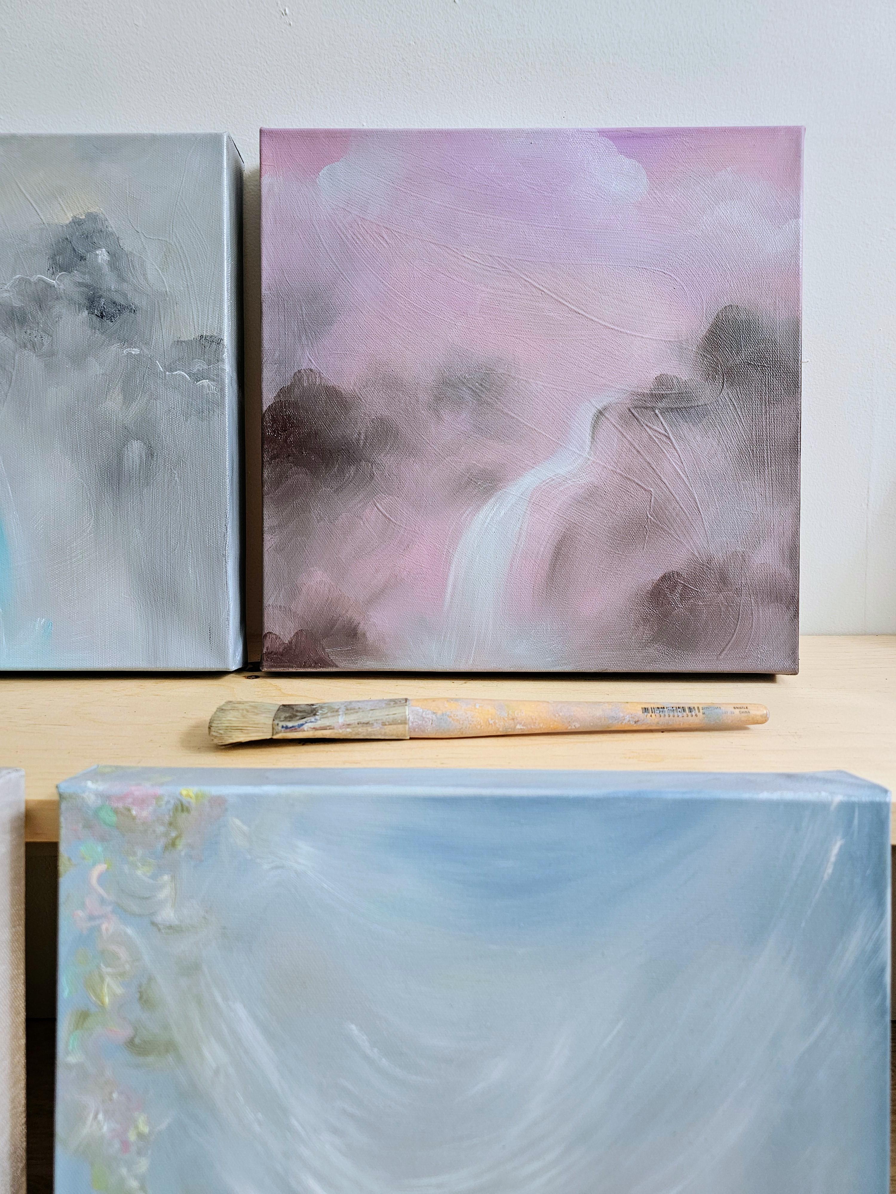 A Glacier Letting Go - Stimmungsvolle tonale abstrakte Landschaft Wasserfall Gemälde im Angebot 7