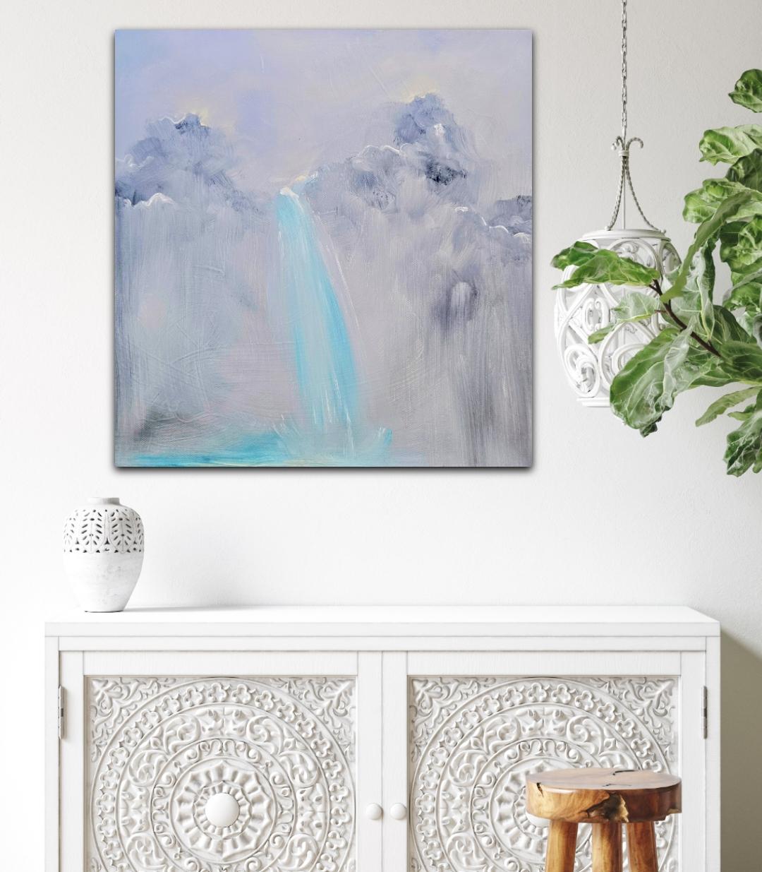 A Glacier Letting Go - Stimmungsvolle tonale abstrakte Landschaft Wasserfall Gemälde – Painting von Jennifer L. Baker