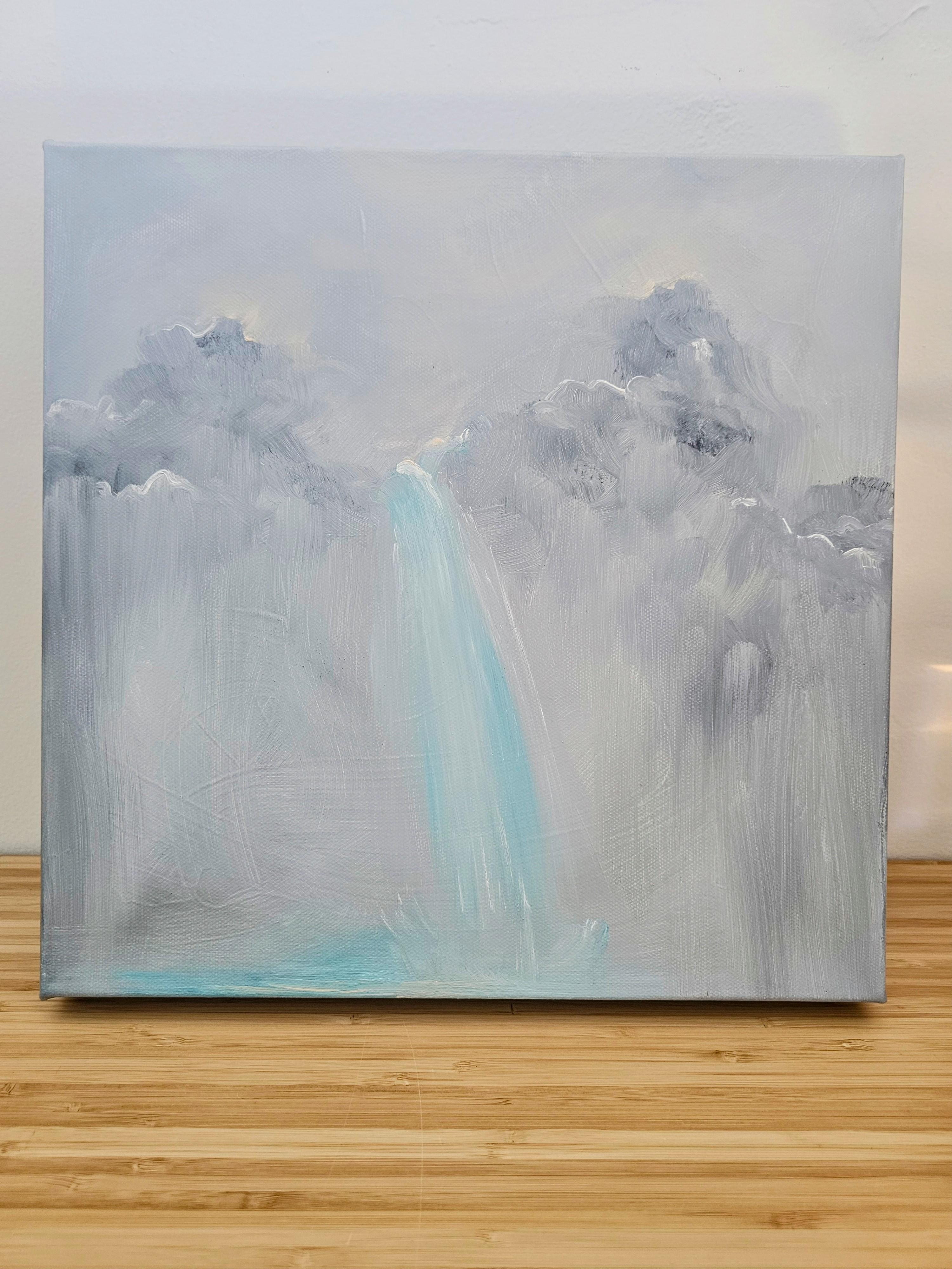 A Glacier Letting Go - Stimmungsvolle tonale abstrakte Landschaft Wasserfall Gemälde (Grau), Abstract Painting, von Jennifer L. Baker
