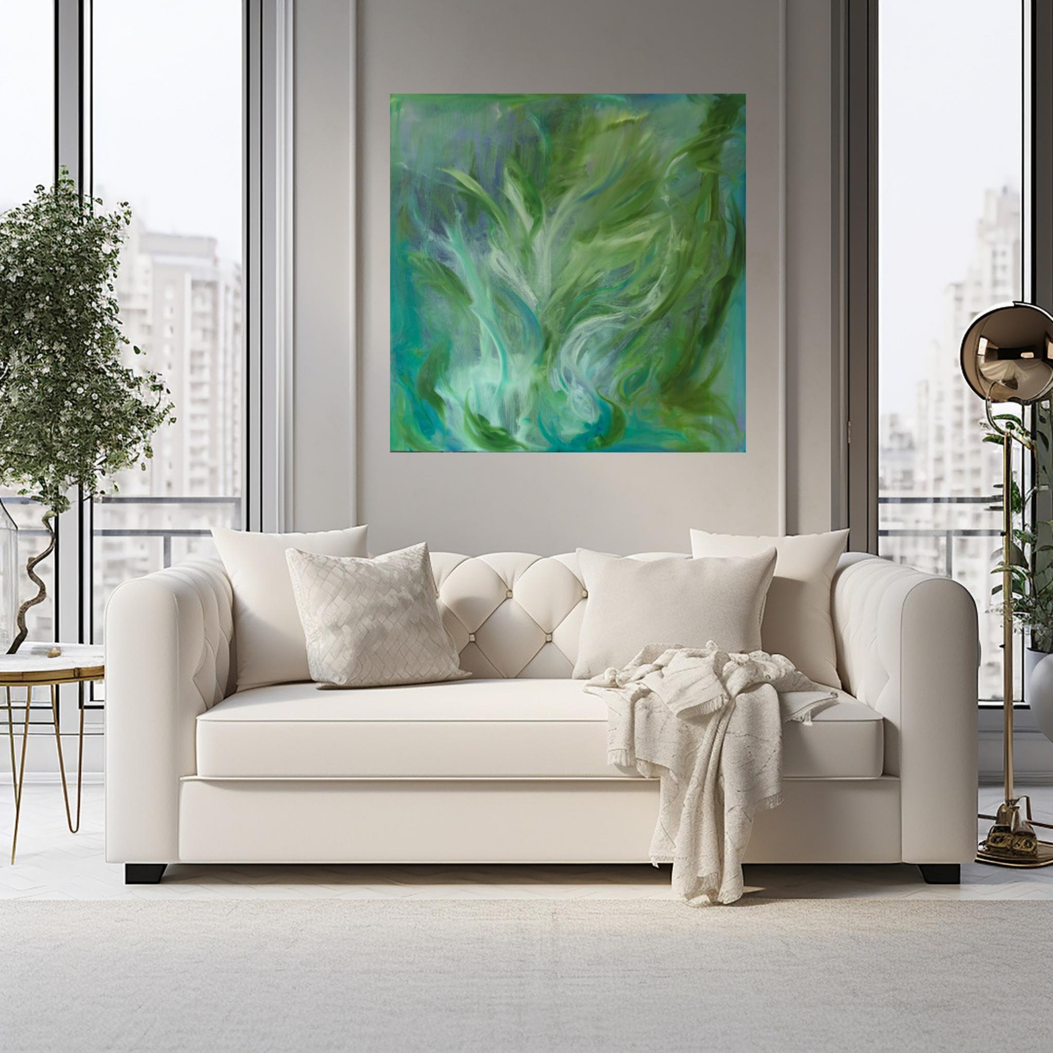 A moment of the wildest freedom - Large abstract expressionist green painting - Painting by Jennifer L. Baker
