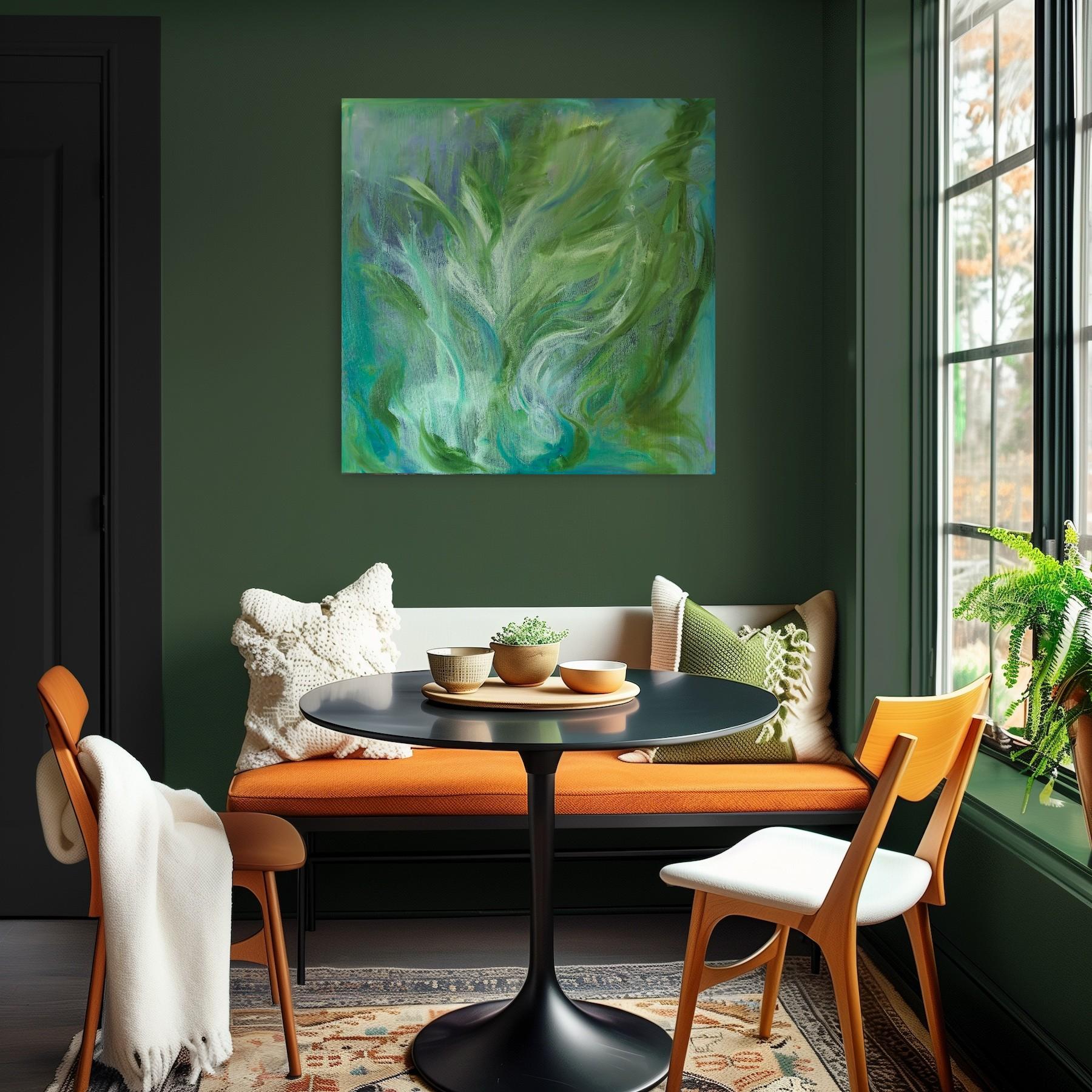 A moment of the wildest freedom - Large abstract expressionist green painting - Gray Abstract Painting by Jennifer L. Baker