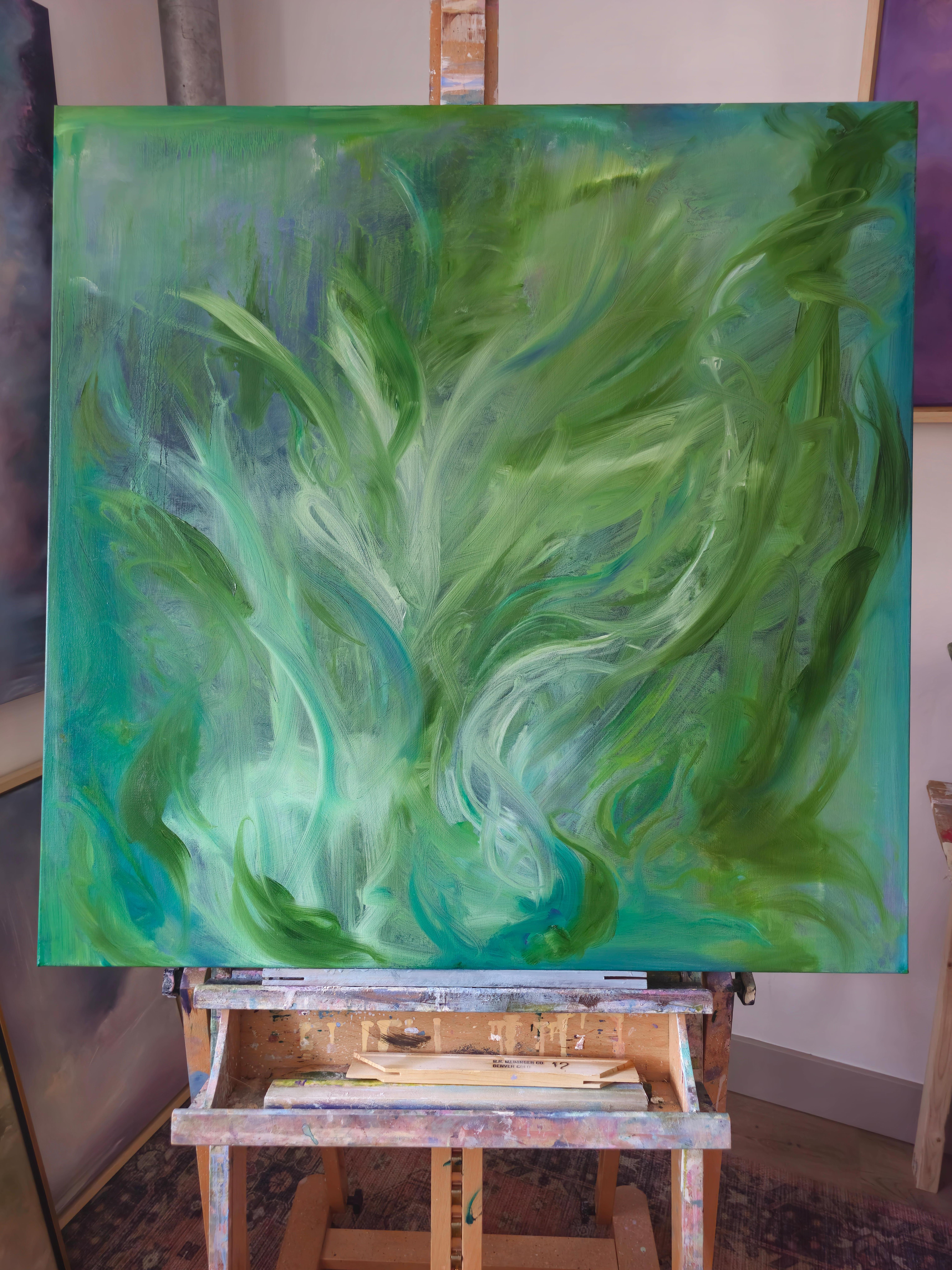 This painting is a wild green song to freedom and nature.
I am in love with my abstract expressionist self. While I do love painting tonal pieces and abstract landscape, the quintessential abstract expressionist painting is where my heart feels
