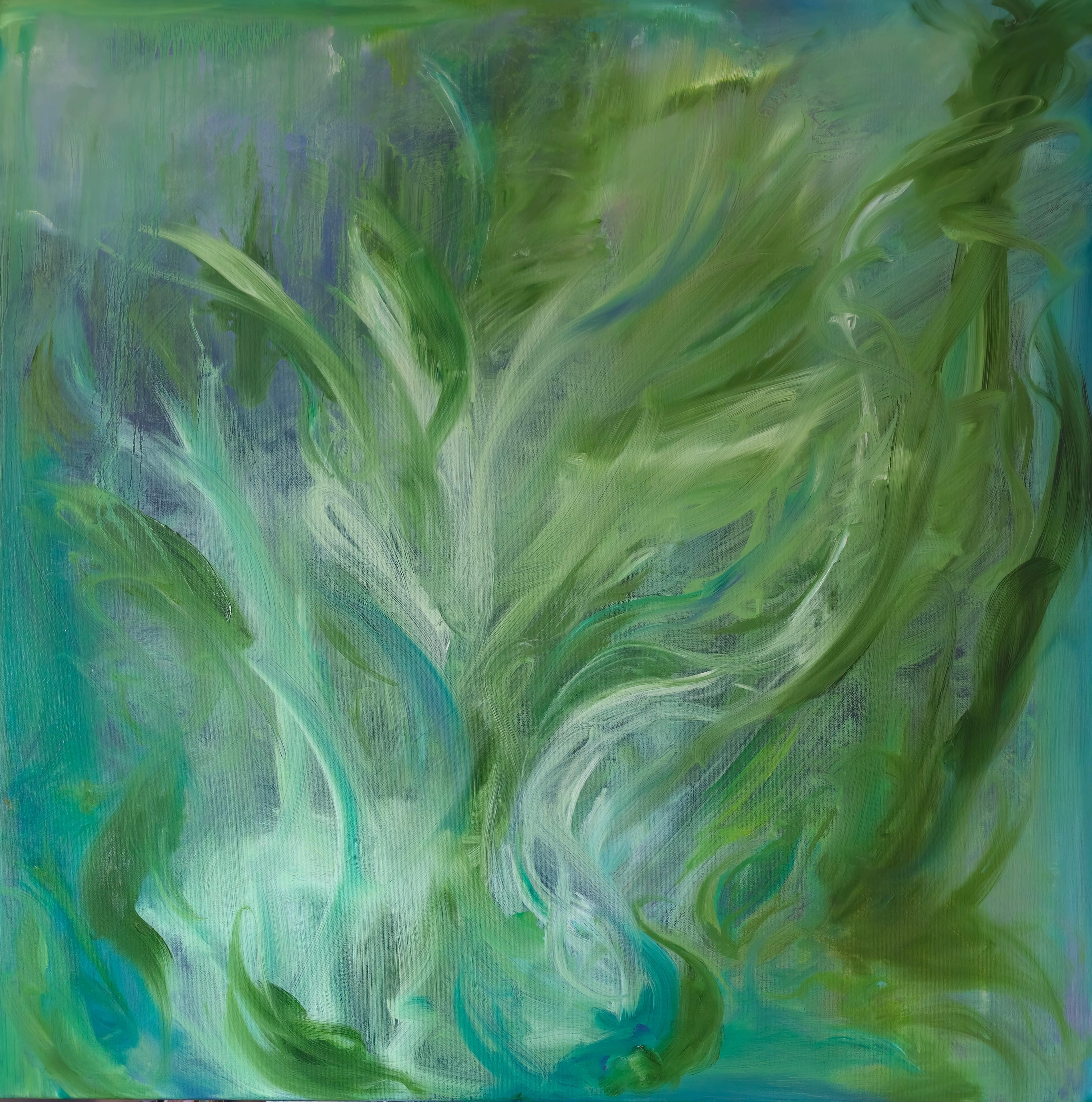 Jennifer L. Baker Abstract Painting - A moment of the wildest freedom - Large abstract expressionist green painting
