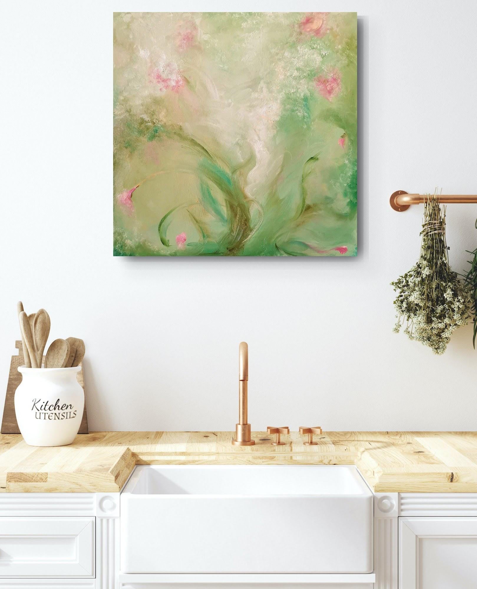 A most verdant spring - Whimsical green and pink abstract painting For Sale 6