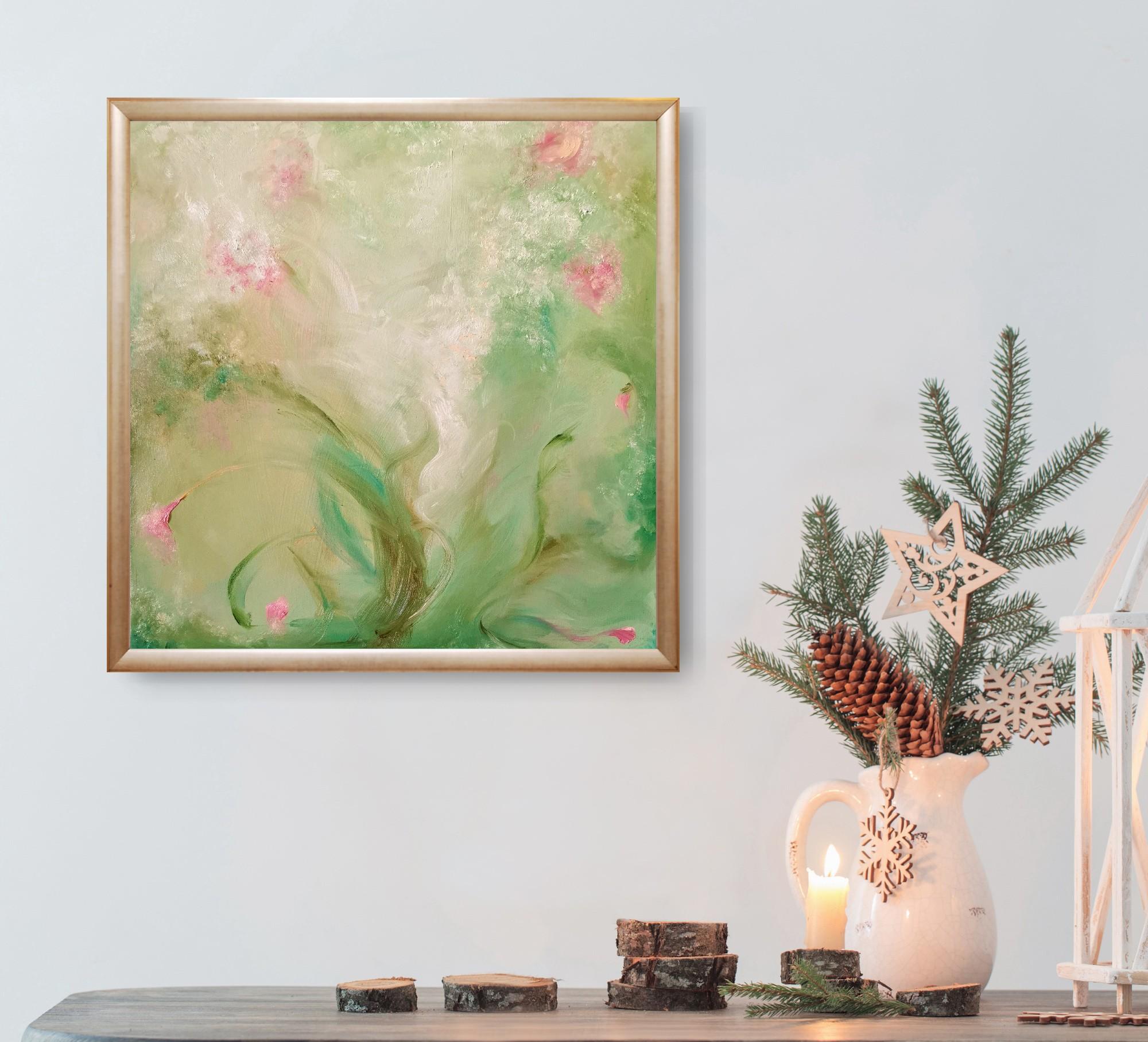 A most verdant spring - Whimsical green and pink abstract painting For Sale 7