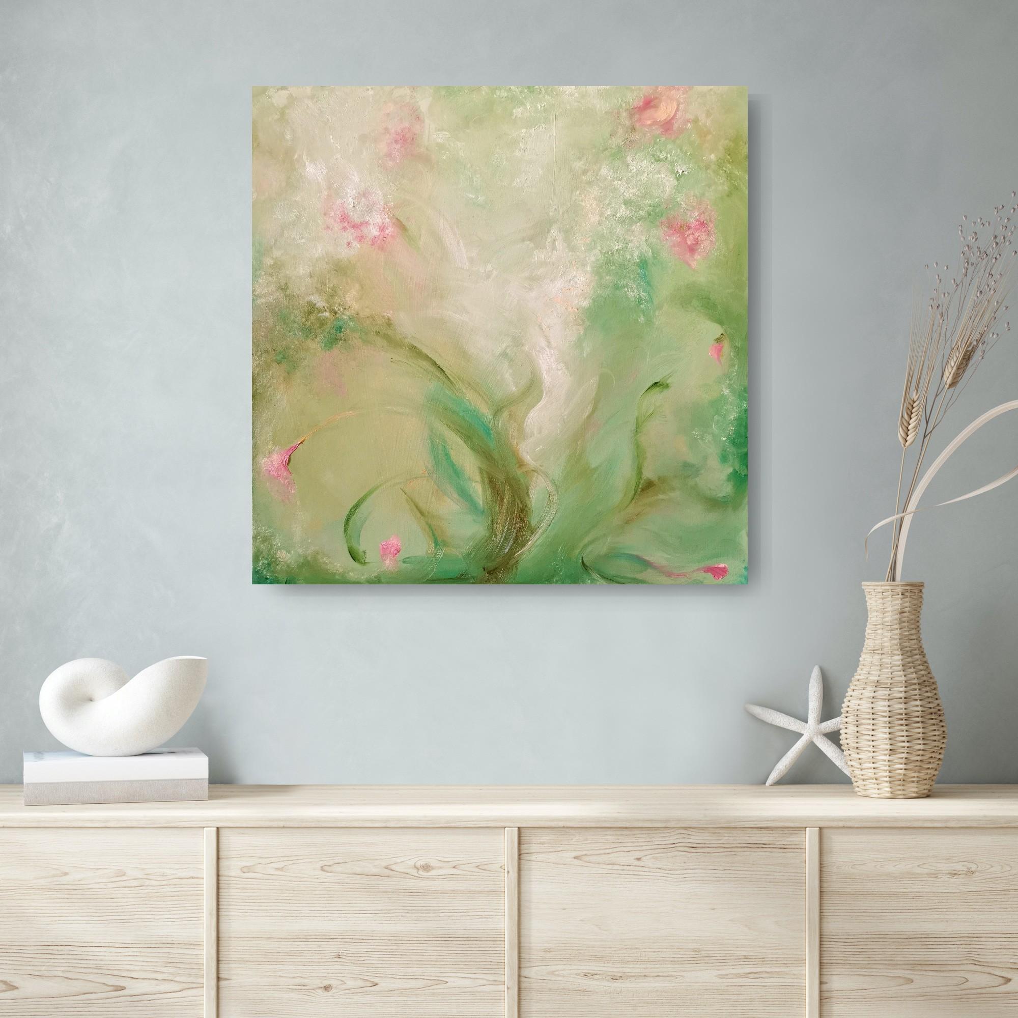 A most verdant spring - Whimsical green and pink abstract painting For Sale 8