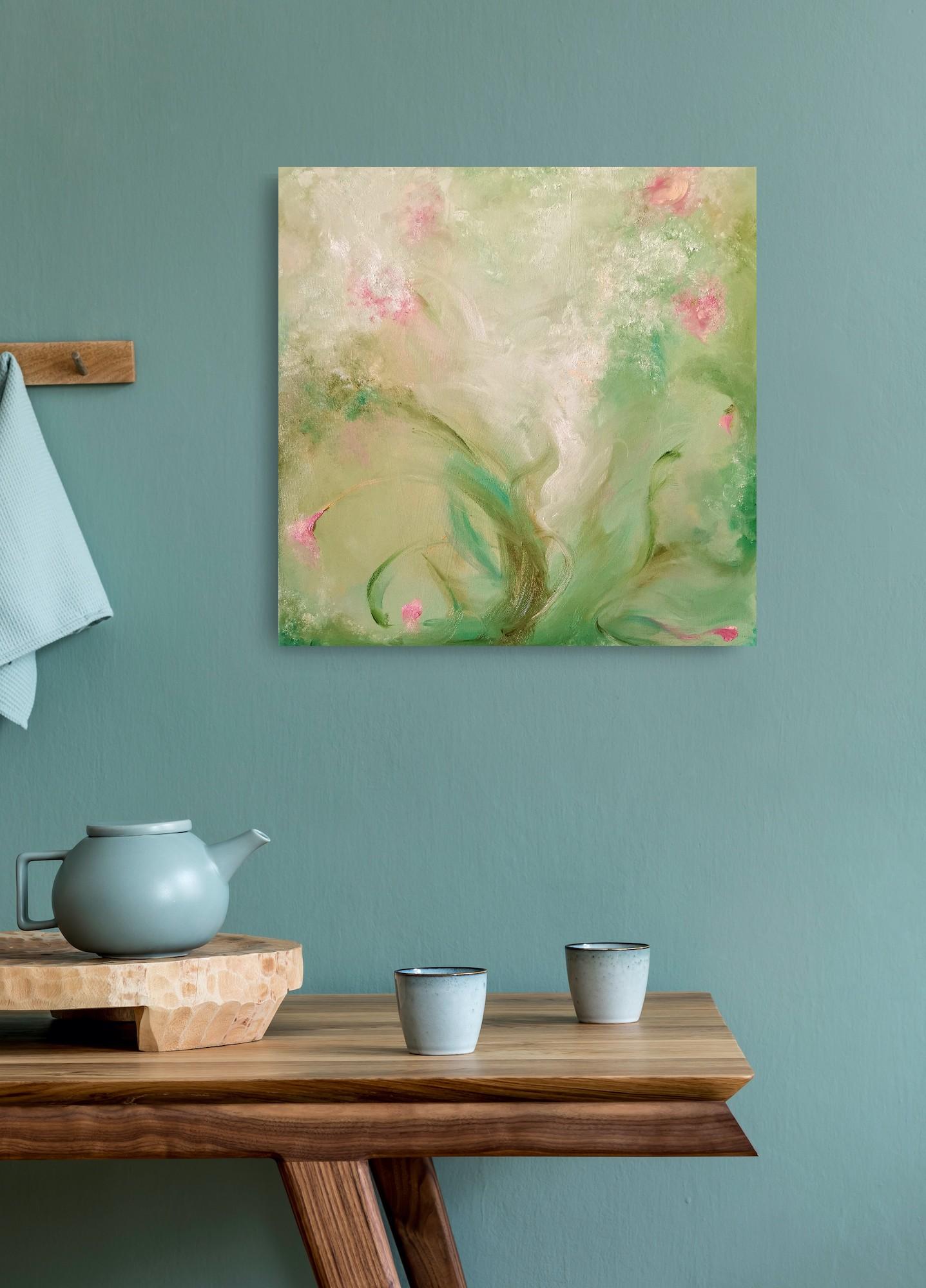 A most verdant spring - Whimsical green and pink abstract painting For Sale 9